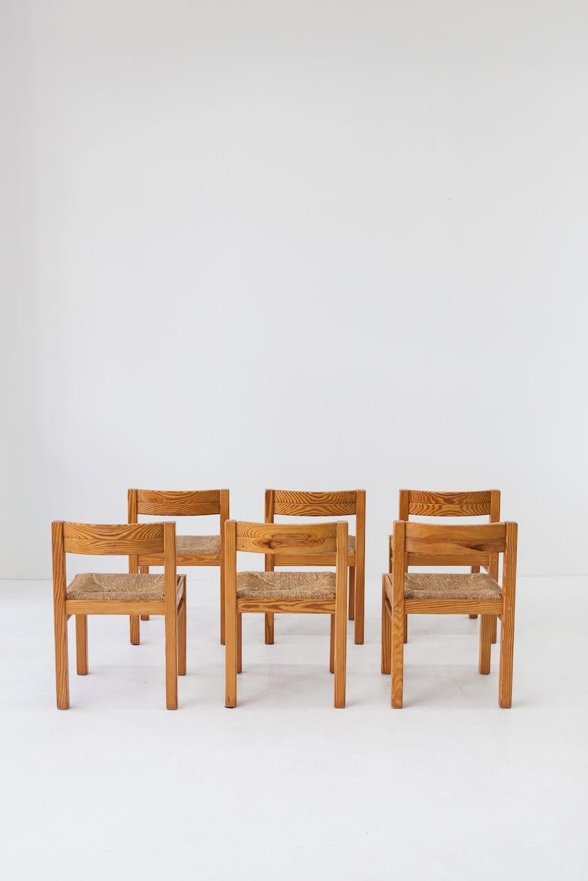 Mid-Century Modern Magistretti style pine and rush dining chairs 1960s