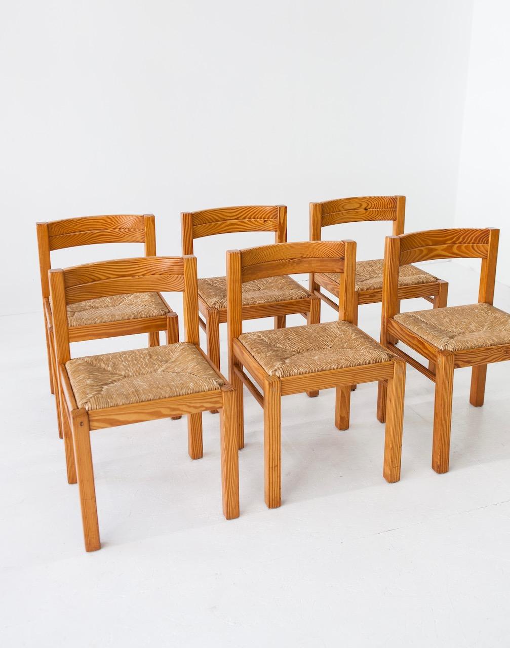 Mid-20th Century Magistretti style pine and rush dining chairs 1960s