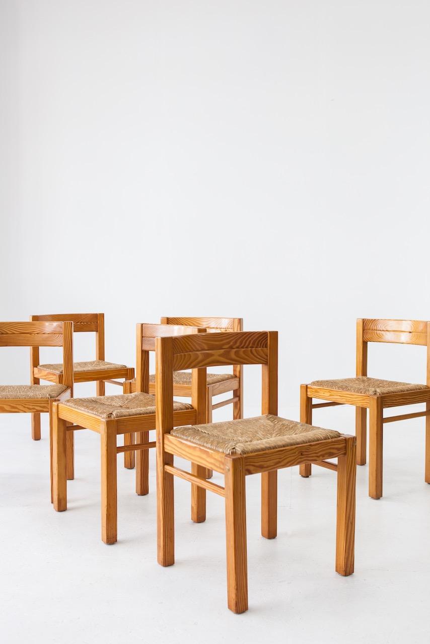 Rush Magistretti style pine and rush dining chairs 1960s