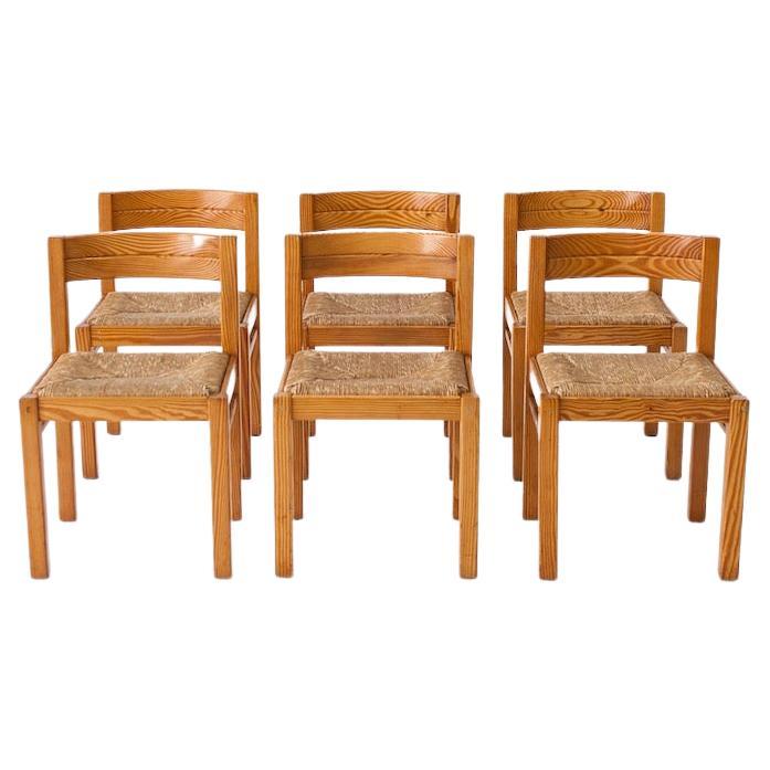 Magistretti style pine and rush dining chairs 1960s