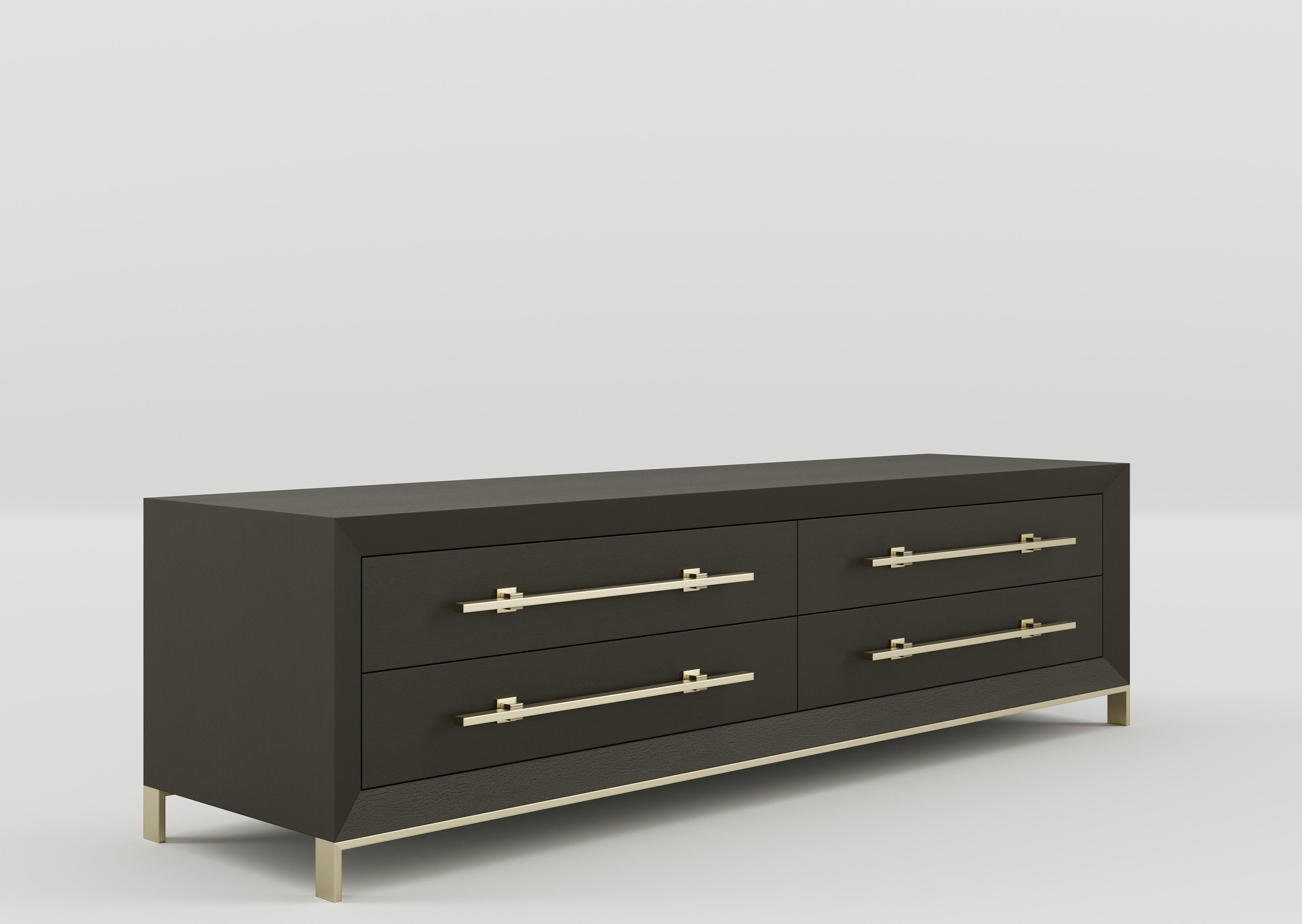 Modern Magna TV sideboard wood with brass handles and feet