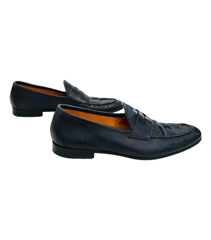 Black Magnanni Croc Embossed Leather Loafers For Sale
