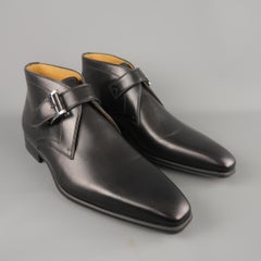 MAGNANNI Size 9 Black Leather Squared Point Silver Buckle Ankle Boots
