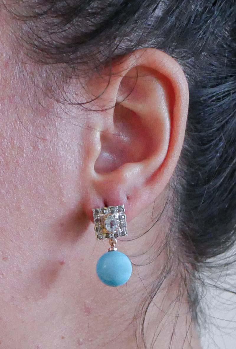 Magnesite, Aquamarine Color Topazs, Diamonds, Rose Gold and Silver Earrings. In Good Condition In Marcianise, Marcianise (CE)