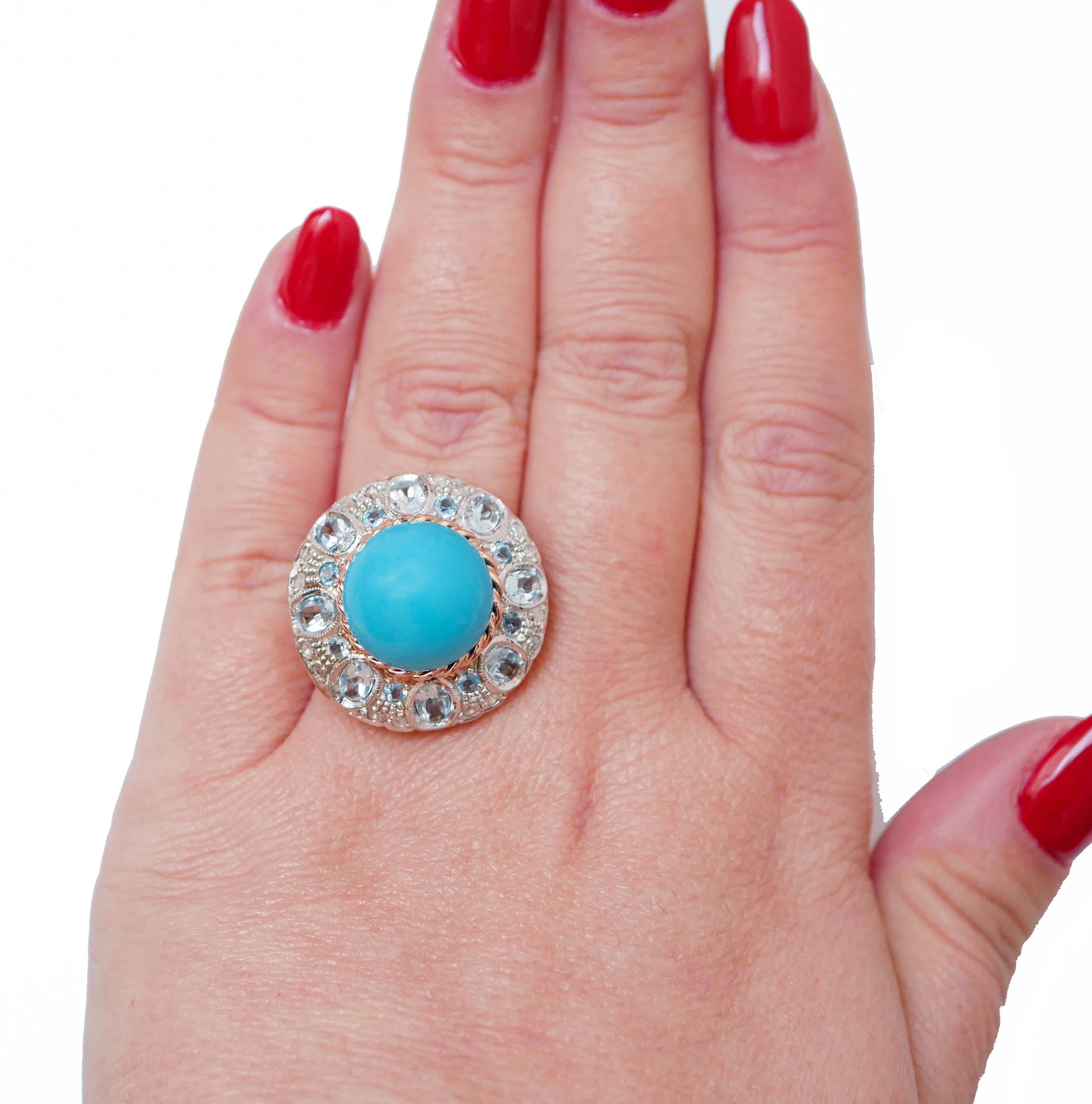 Mixed Cut Magnesite, Aquamarine Color Topazs, Diamonds, Rose Gold and Silver Ring. For Sale