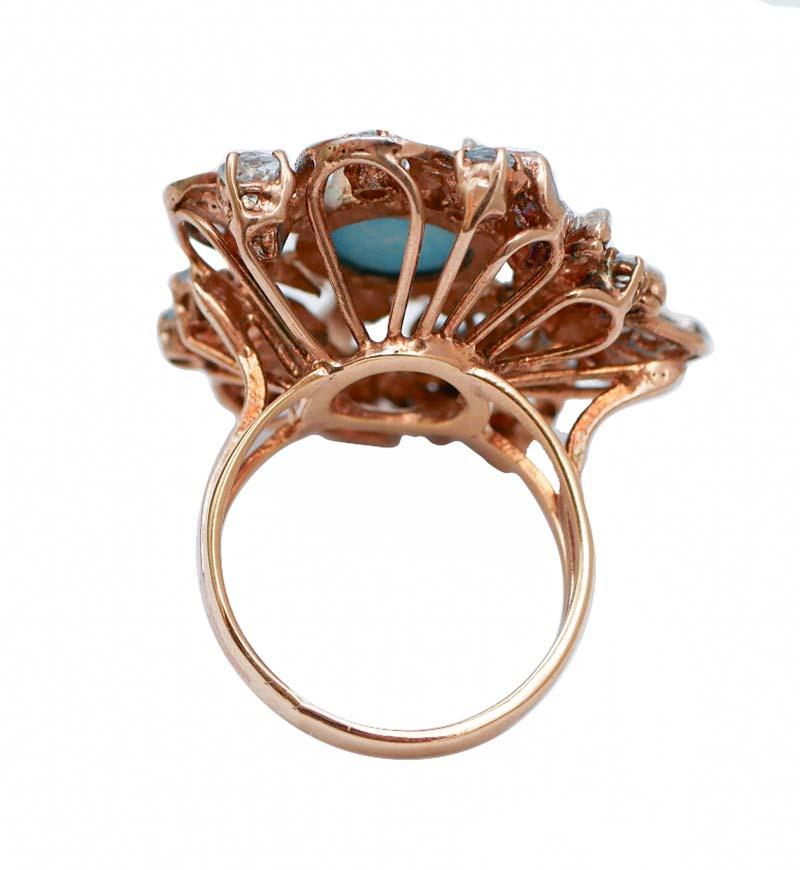 Rétro Magnesite, Topazio color acquamarina, diamanti, anello in oro rosa e argento 14 carati in vendita