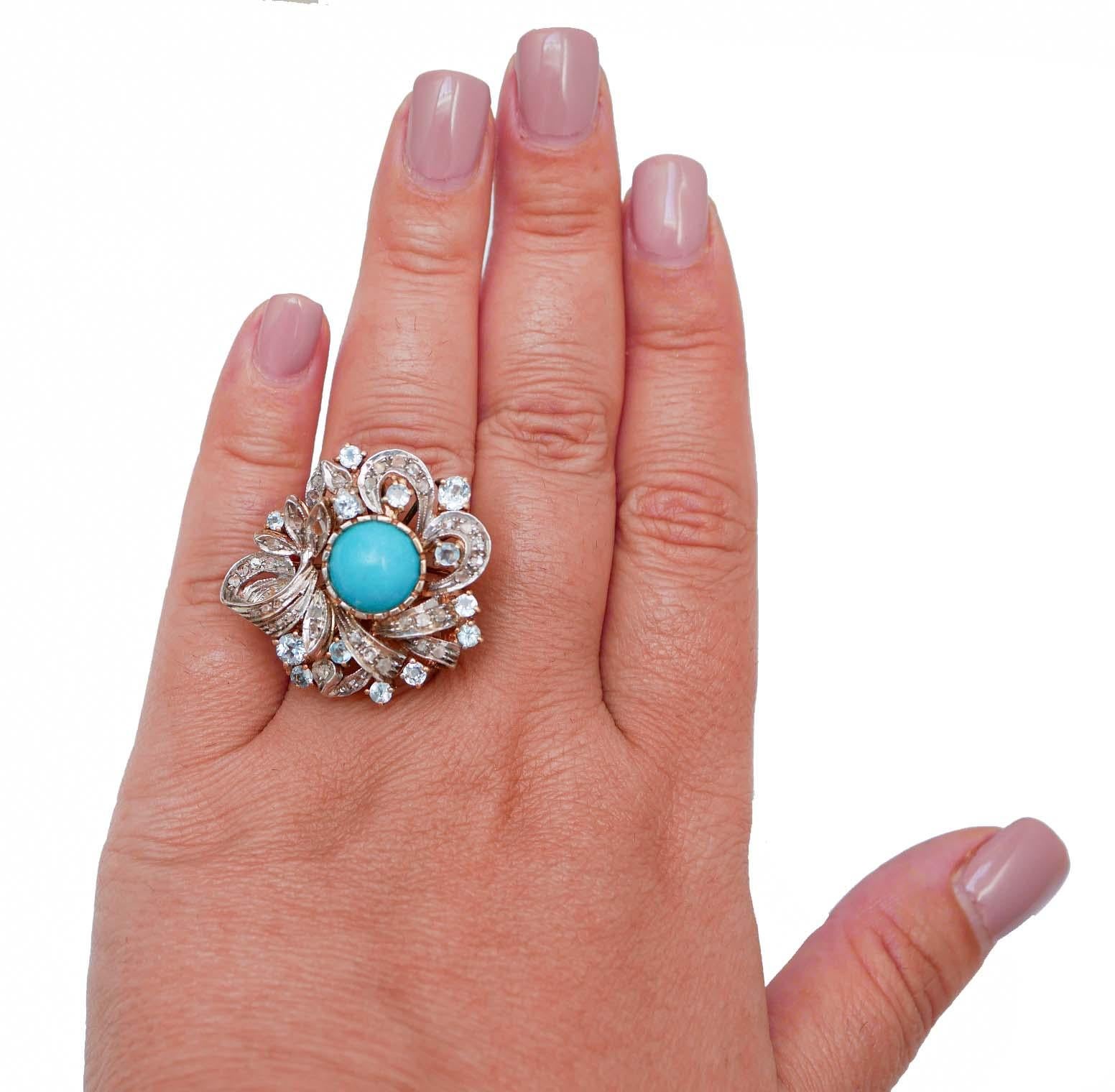 Taglio misto Magnesite, Topazio color acquamarina, diamanti, anello in oro rosa e argento 14 carati in vendita
