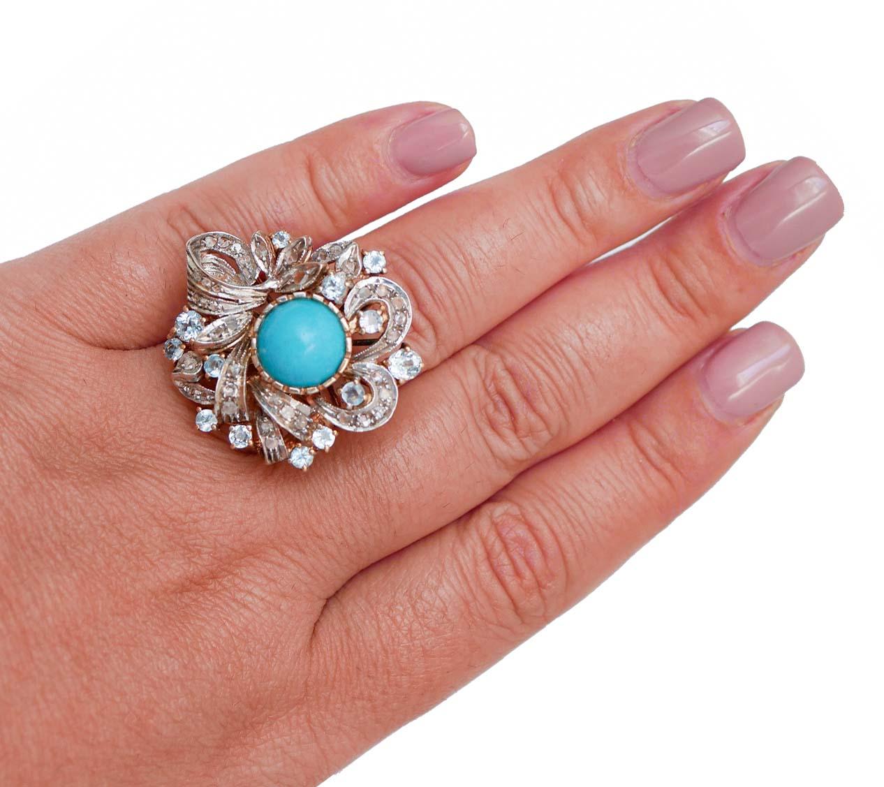 Magnesite, Topazio color acquamarina, diamanti, anello in oro rosa e argento 14 carati In condizioni buone in vendita a Marcianise, Marcianise (CE)