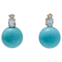 Pendientes de Magnesita, Topacio Color Aguamarina, Diamantes, Oro Rosa de 14 Kt.