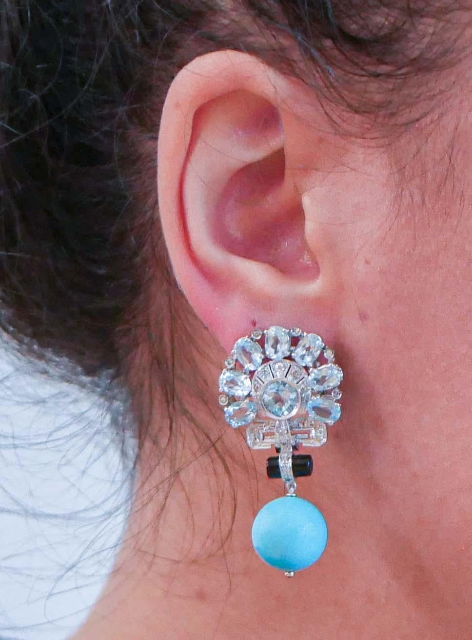 Magnesite, Aquamarine Colour Topazs, Diamonds, Onyx, Platinum and  Gold Earrings In Good Condition For Sale In Marcianise, Marcianise (CE)