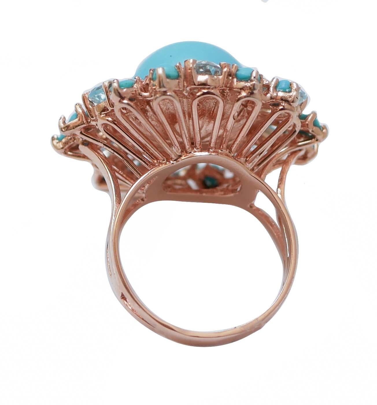 Retro Magnesite, Aquamarine Colour Topazs, Turquoise, Diamonds, Gold and Silver Ring.