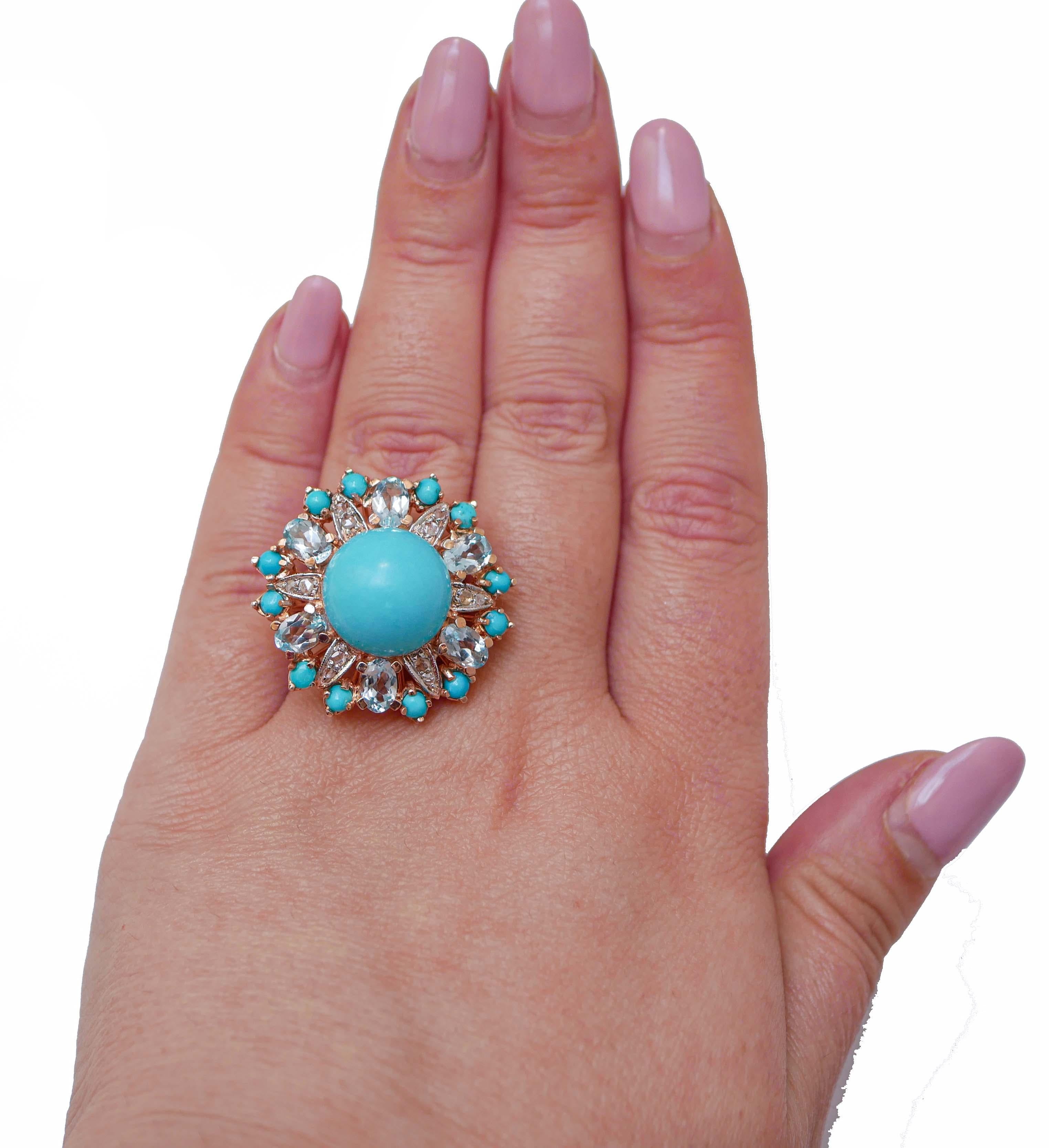 Mixed Cut Magnesite, Aquamarine Colour Topazs, Turquoise, Diamonds, Gold and Silver Ring.