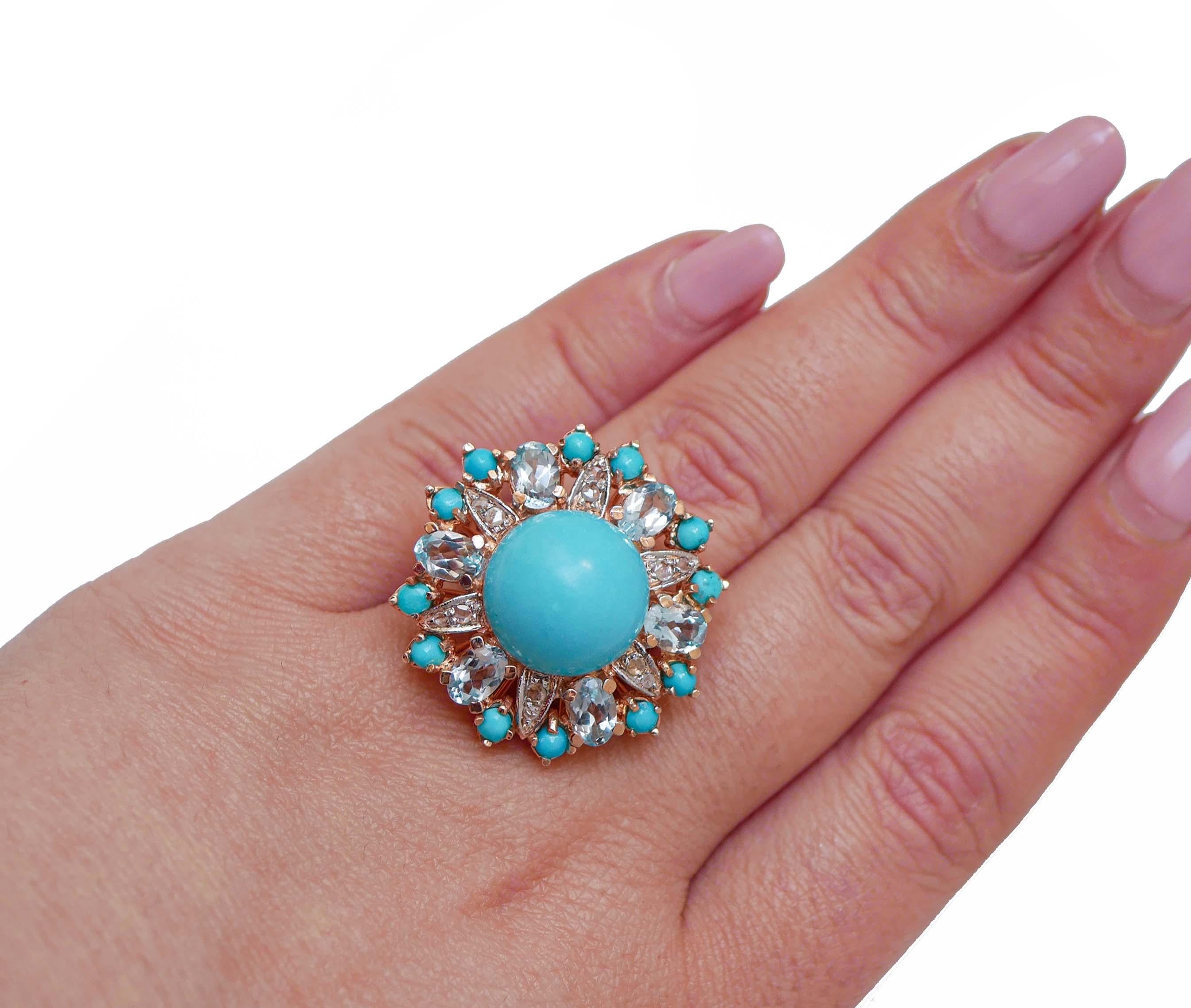 Magnesite, Aquamarine Colour Topazs, Turquoise, Diamonds, Gold and Silver Ring. In Good Condition In Marcianise, Marcianise (CE)
