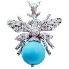 Magnesite, Diamonds, Sapphires, 14 Kt White Gold Fly Pendant.