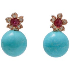 Magnesite, Rubies, Diamonds, Rose Gold Flower Earrings.