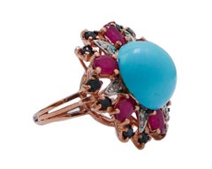 Magnesite, Rubies, Sapphires, Diamonds, Rose Gold and Silver Ring.