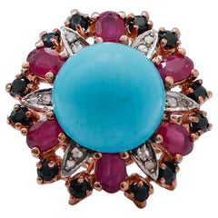 Magnesite, Rubies, Sapphires, Diamonds, Rose Gold and Silver Ring.