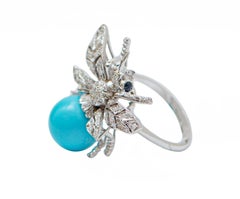 Bague abeille Magnesite, saphirs, diamants, or blanc 14 carats