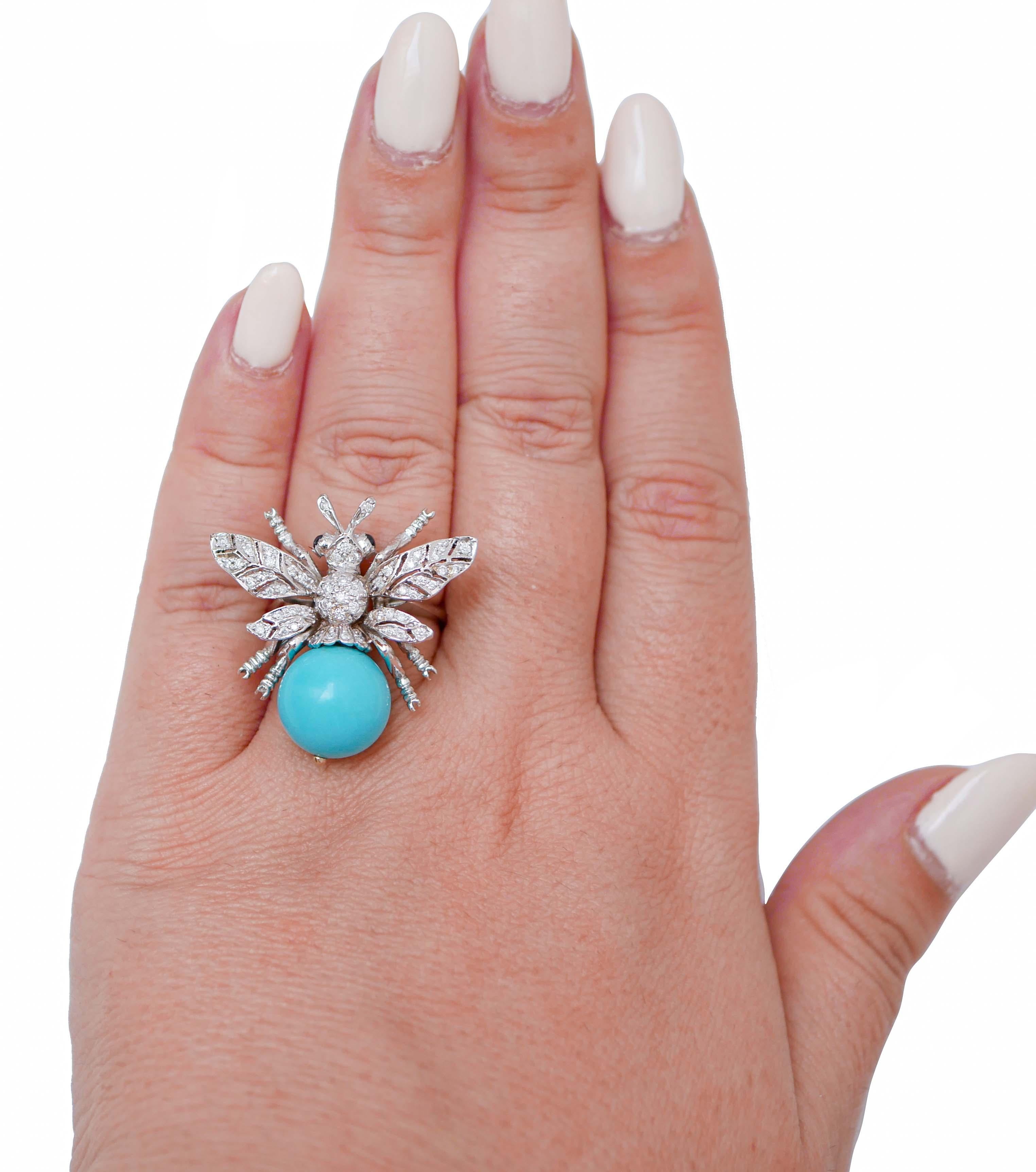 Mixed Cut Magnesite, Sapphires, Diamonds, 14 Karat White Gold Bee Ring. For Sale