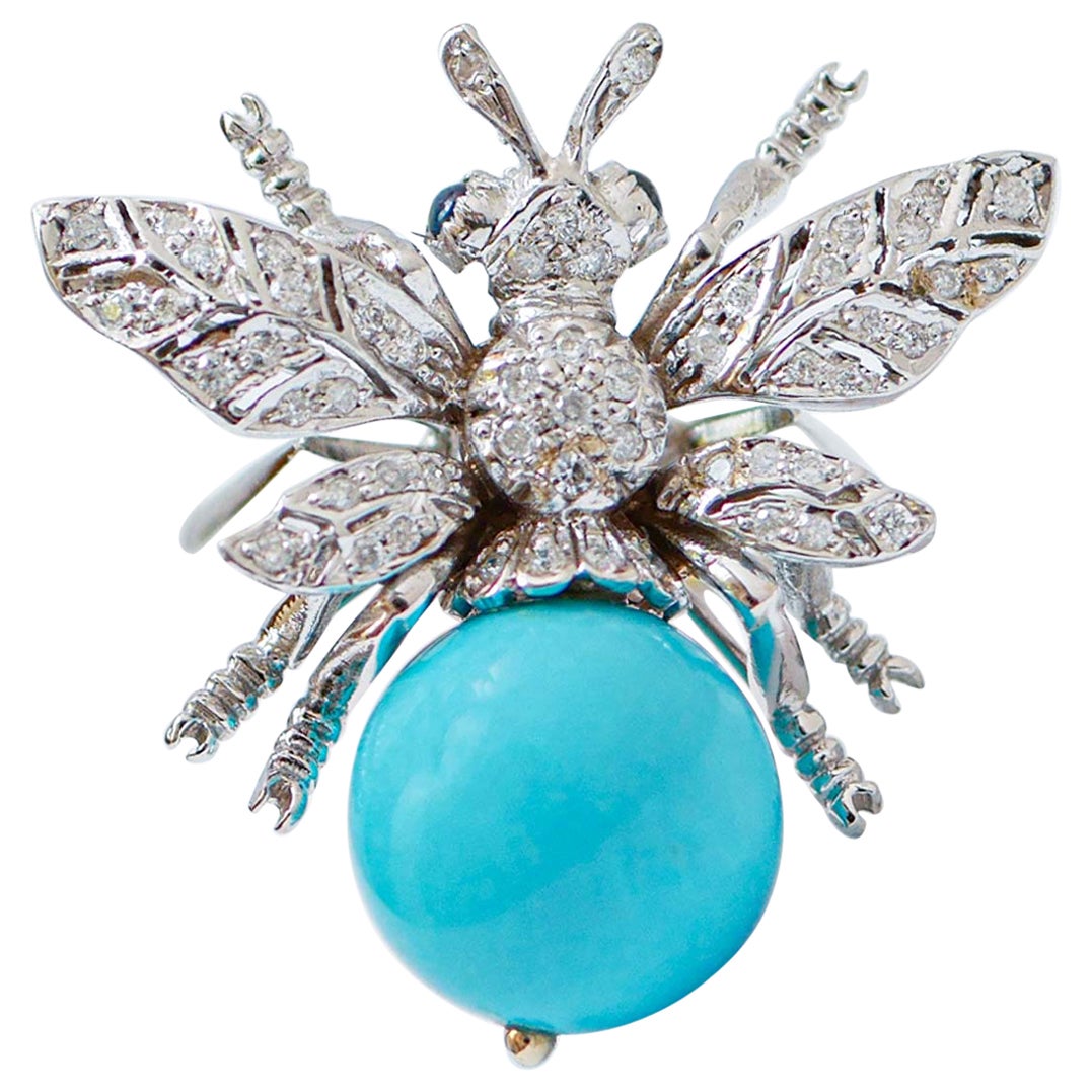 Bague abeille Magnesite, saphirs, diamants, or blanc 14 carats en vente