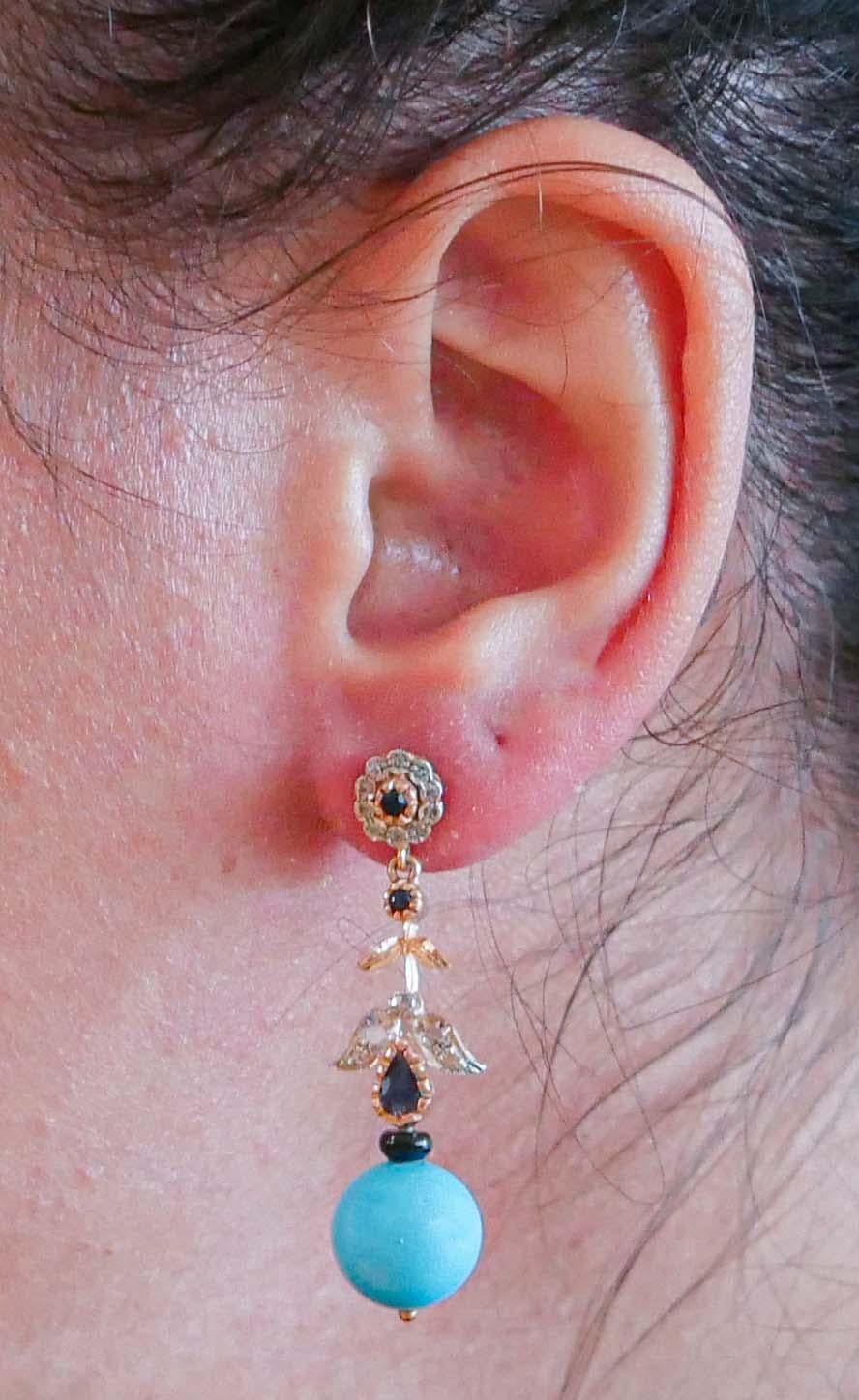 Boucles d'oreilles Magnesite, saphirs, diamants, onyx, or rose et argent Bon état - En vente à Marcianise, Marcianise (CE)