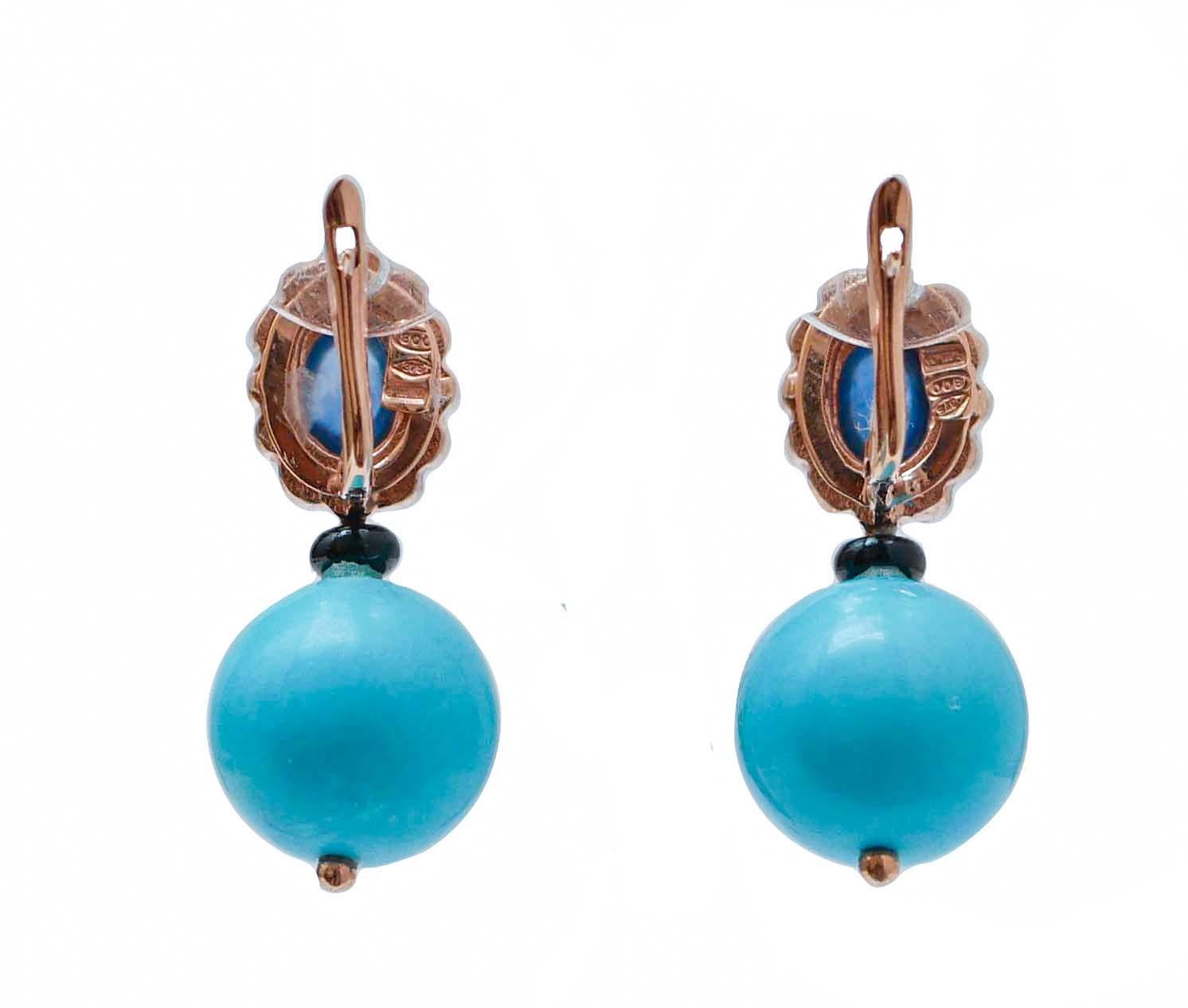 Retro Magnesite, Sapphires, Diamonds, Rose Gold and Silver Earrings. For Sale