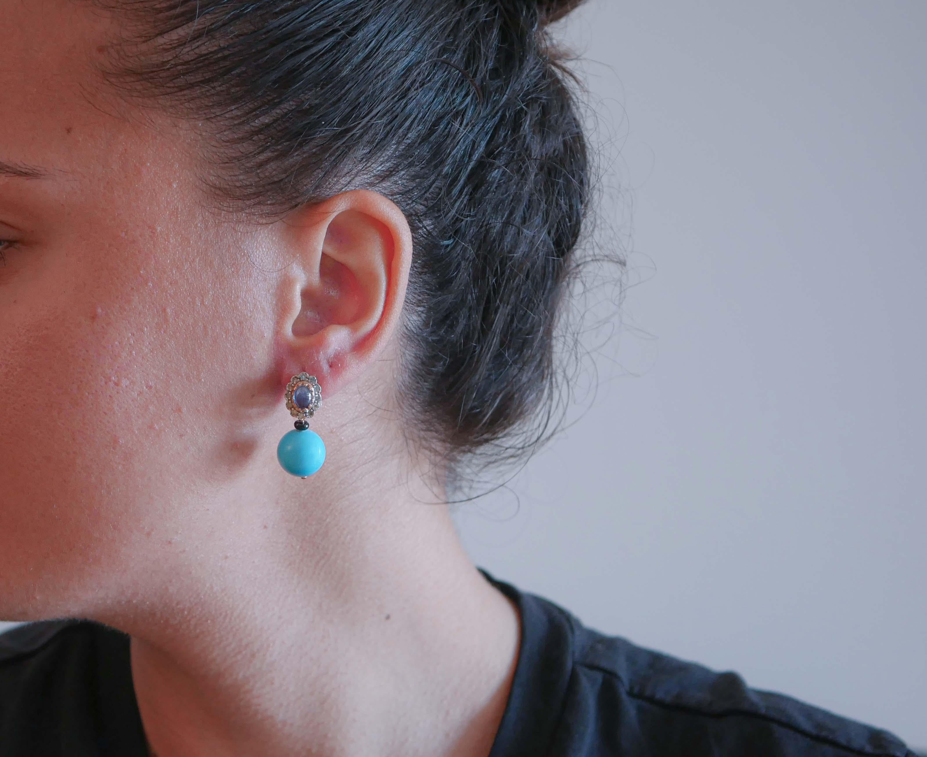 Mixed Cut Magnesite, Sapphires, Diamonds, Rose Gold and Silver Earrings. For Sale