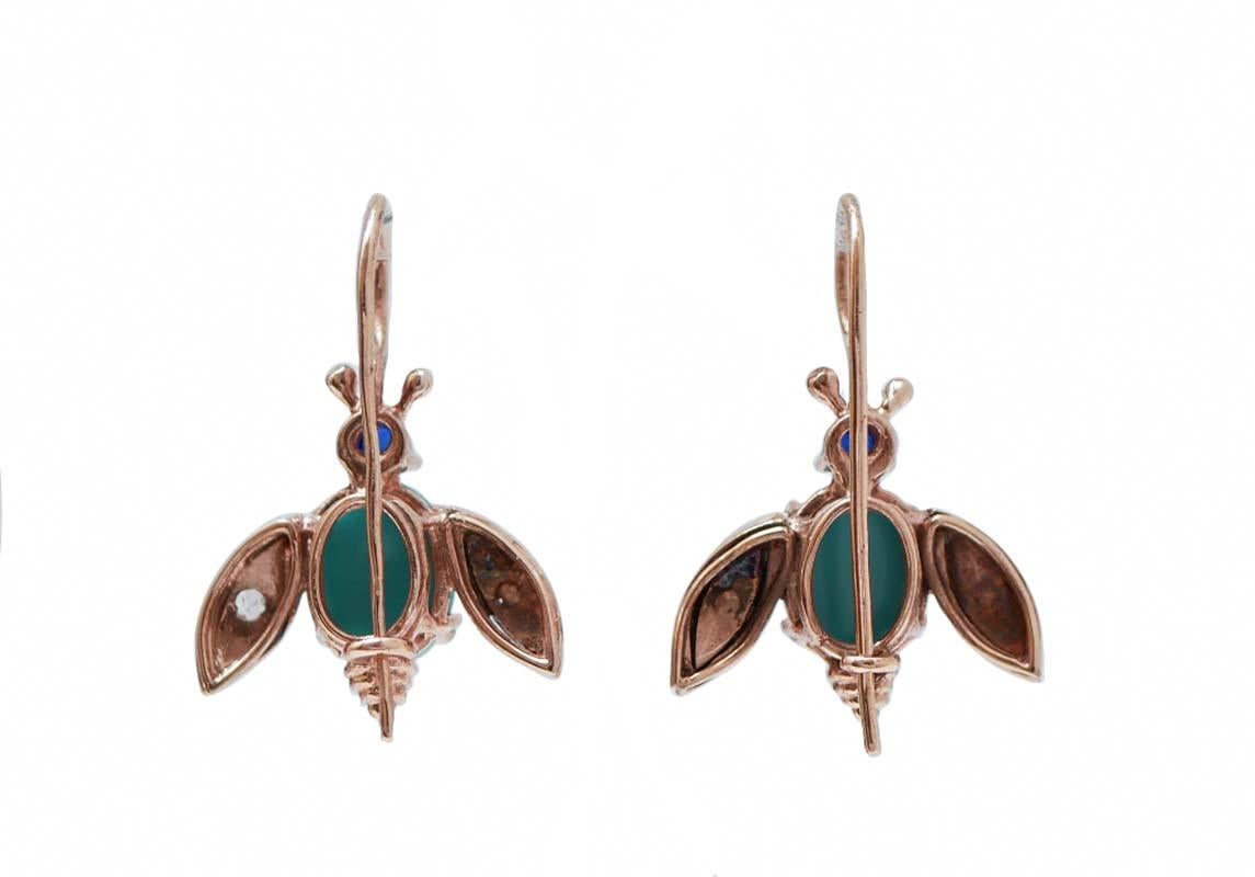 Retro Magnesite, Sapphires, Diamonds, Rose Gold and Silver Fly Earrings. For Sale