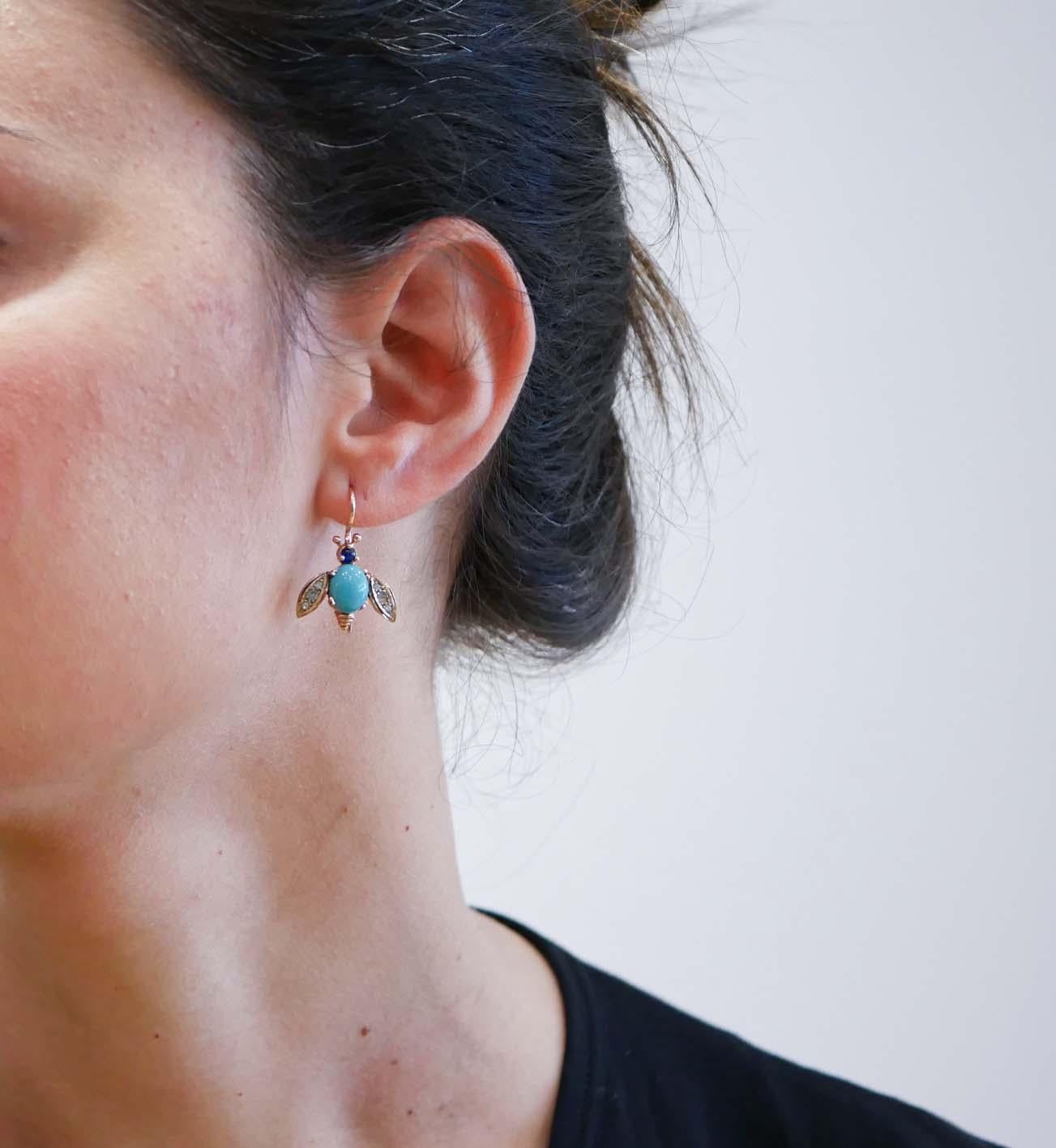 Mixed Cut Magnesite, Sapphires, Diamonds, Rose Gold and Silver Fly Earrings. For Sale