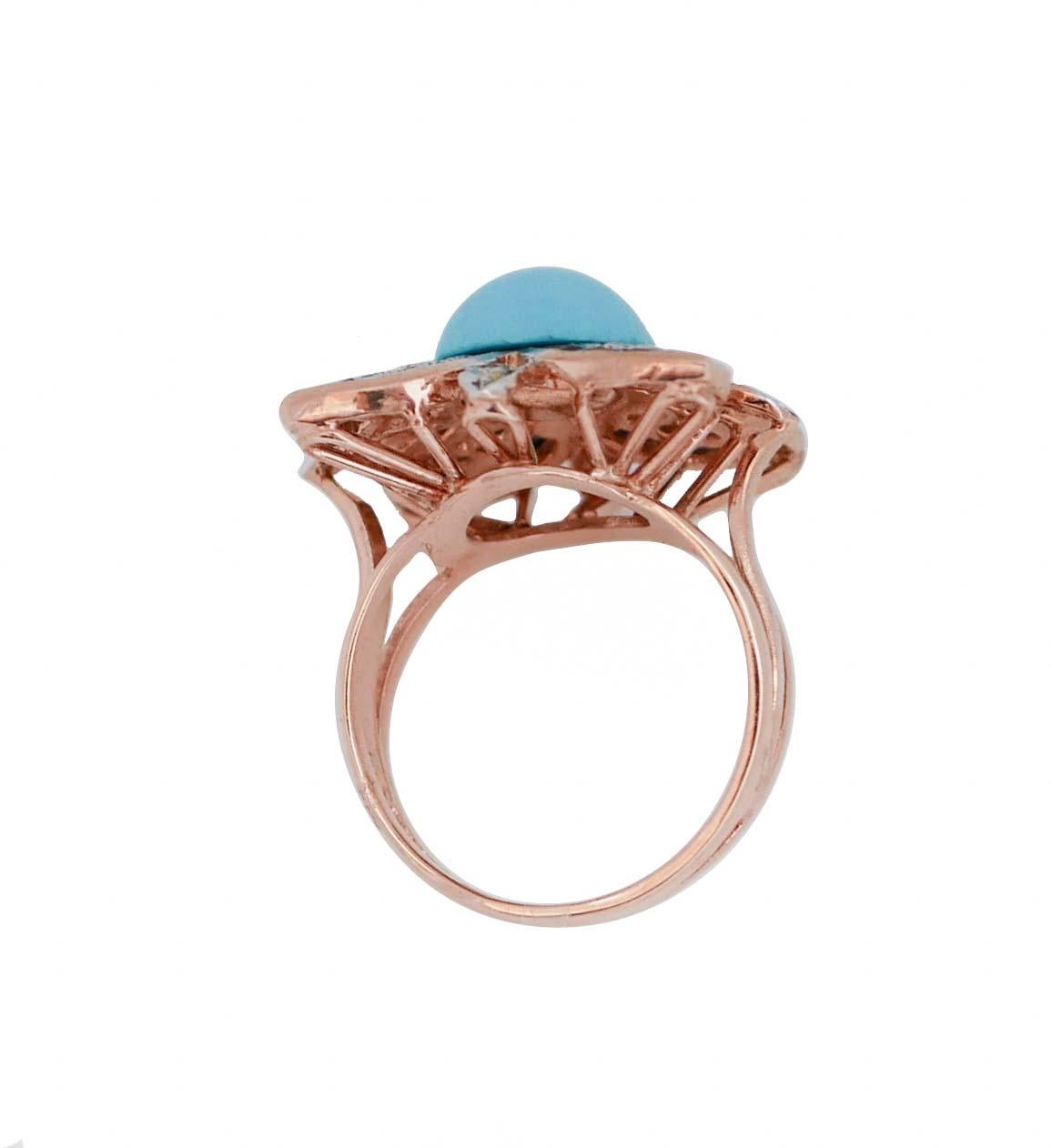 Retro Magnesite, Sapphires, Diamonds, Rose Gold and Silver Ring. For Sale