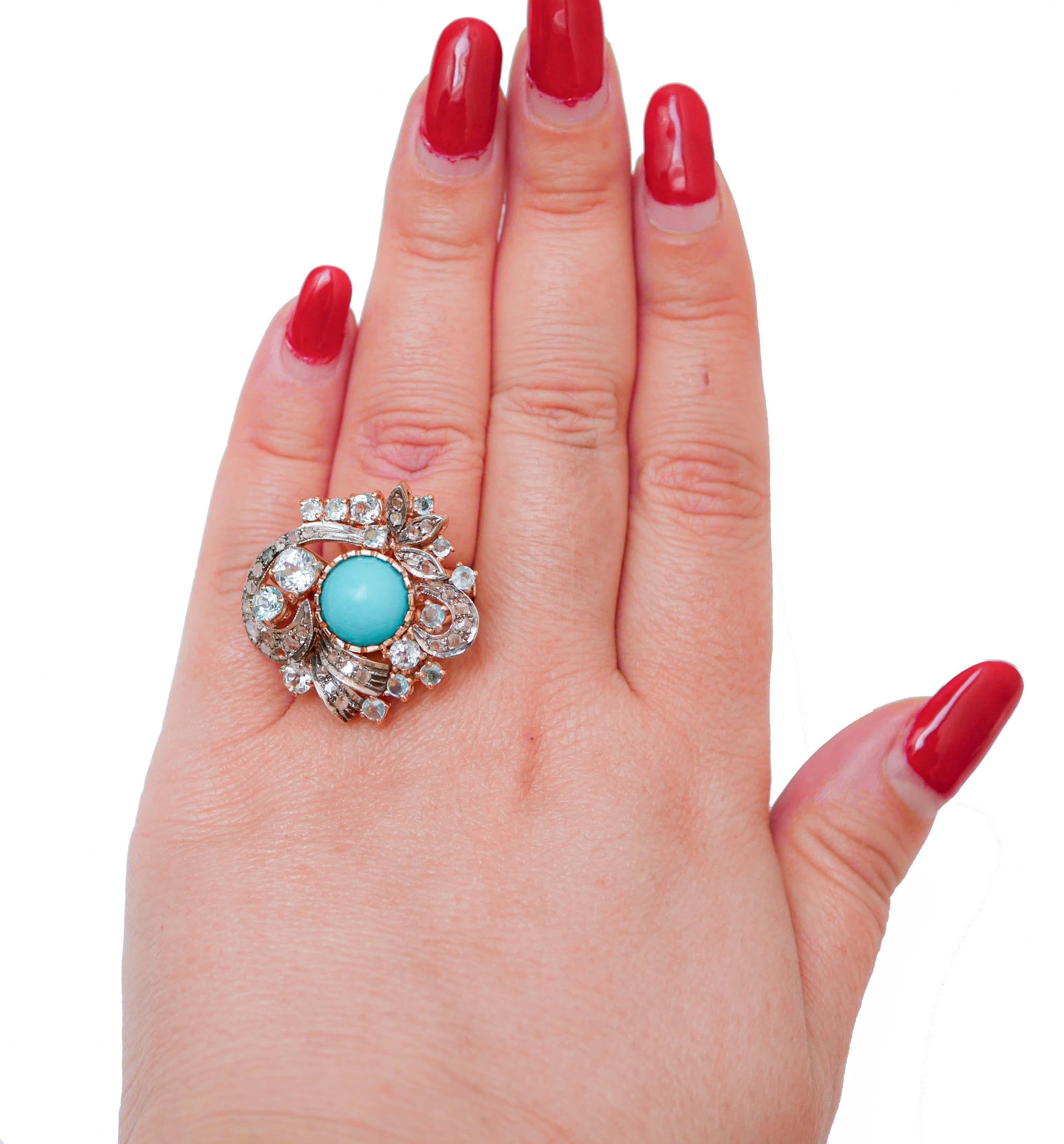 Taglio misto Magnesite, topazi, diamanti, anello in oro rosa e argento 14 carati. in vendita