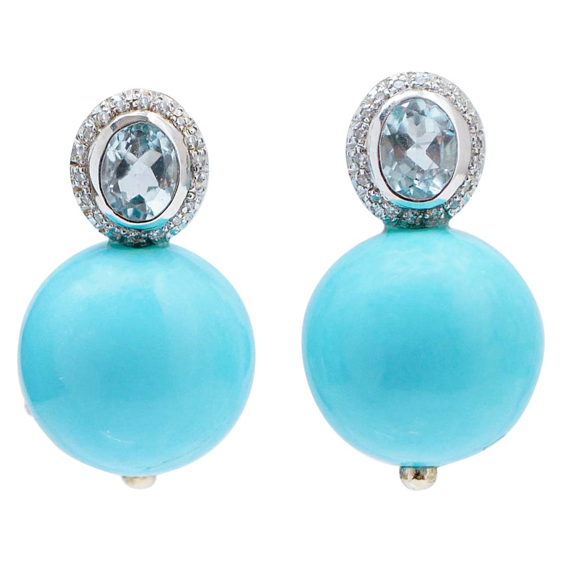 Boucles d'oreilles en or blanc 14 carats avec Magnesite, topaze et diamants.