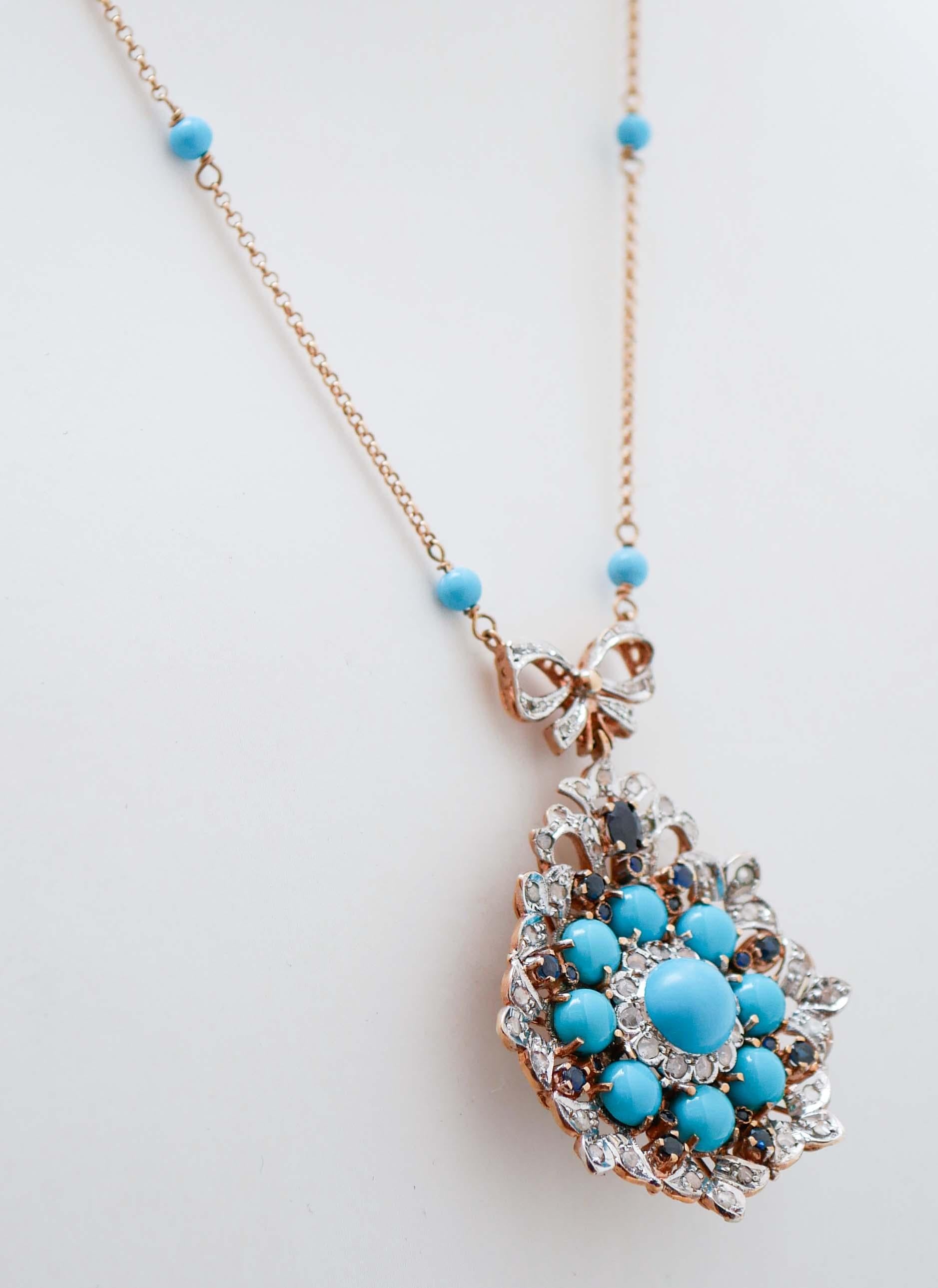 Retro Magnesite, Turquoise, Sapphires, Diamonds, Rose Gold and Silver Pendant Necklace