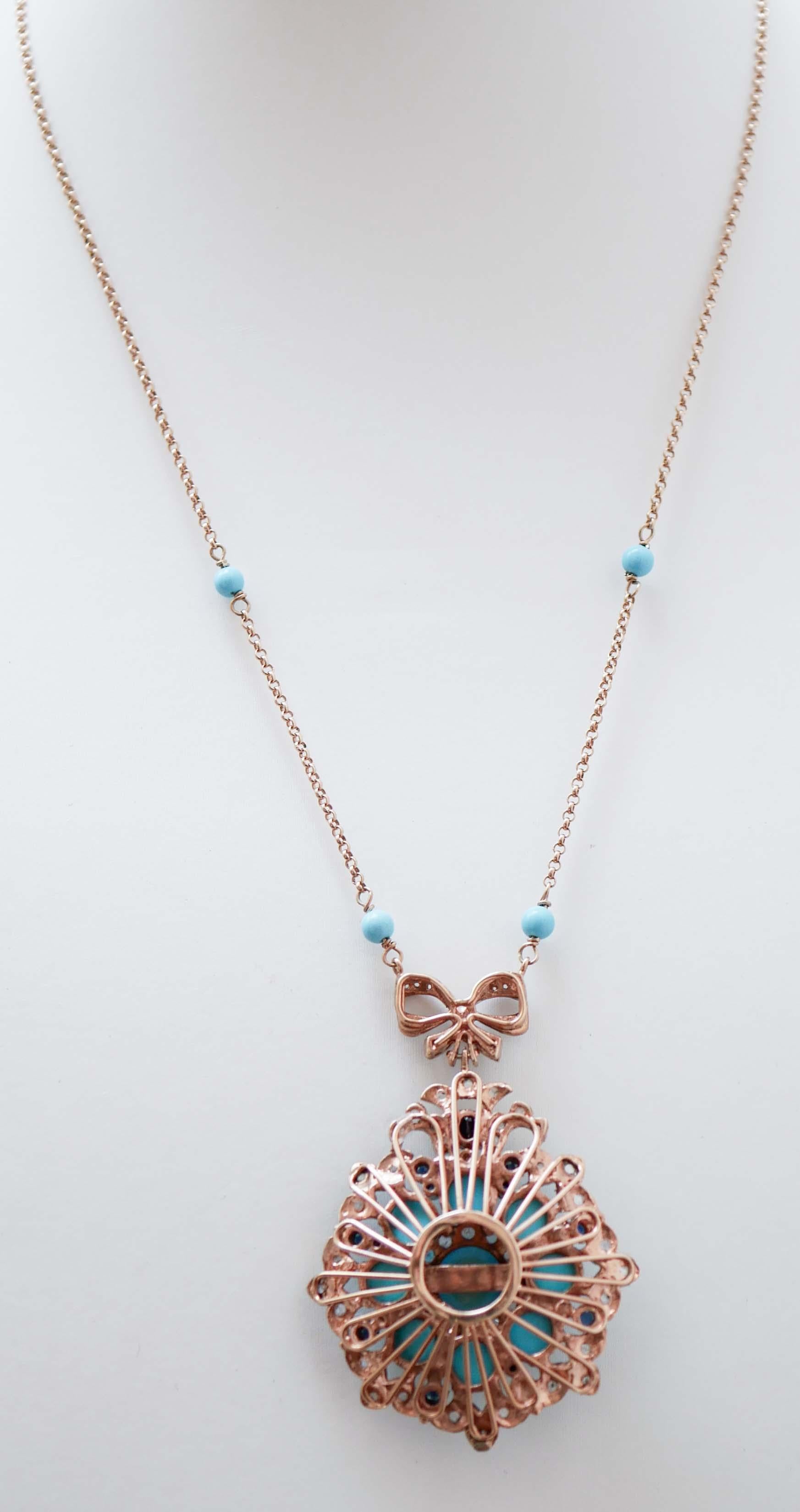 Mixed Cut Magnesite, Turquoise, Sapphires, Diamonds, Rose Gold and Silver Pendant Necklace
