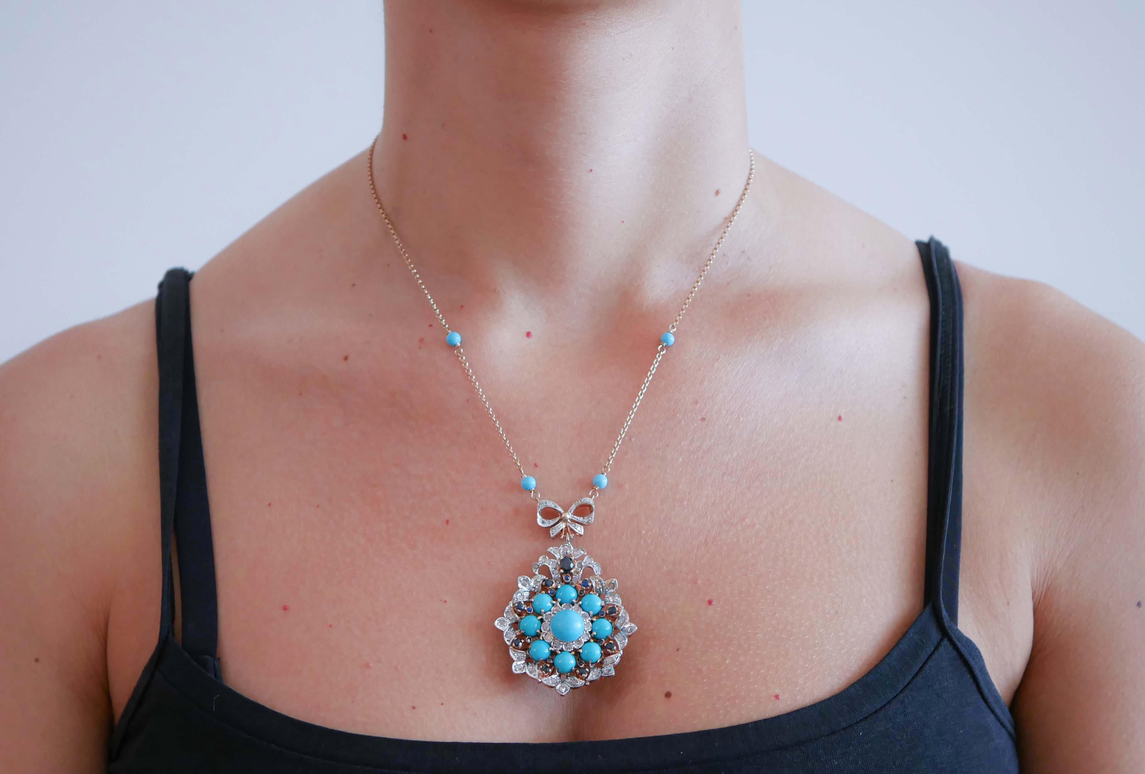 Magnesite, Turquoise, Sapphires, Diamonds, Rose Gold and Silver Pendant Necklace In Good Condition In Marcianise, Marcianise (CE)