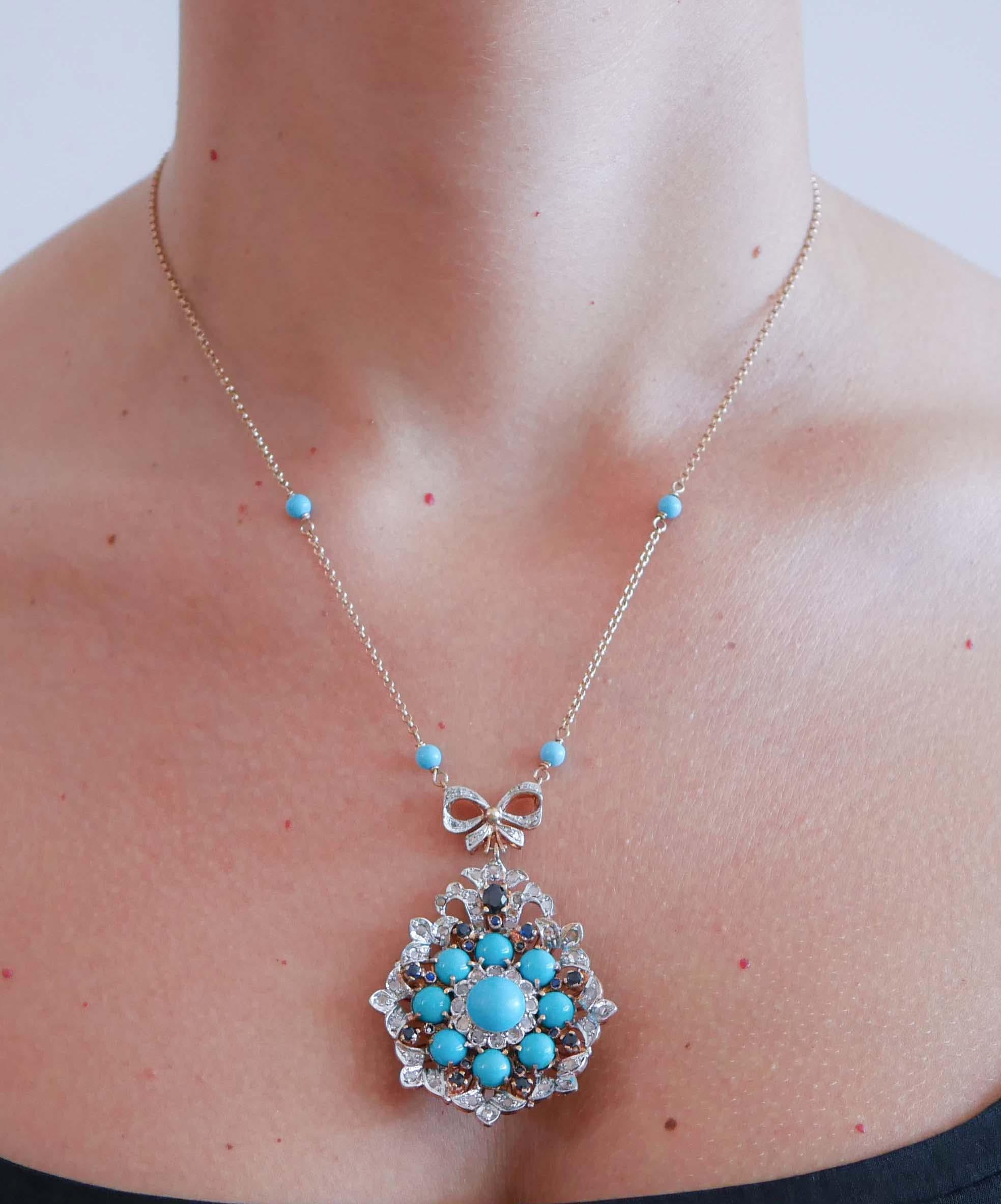Women's Magnesite, Turquoise, Sapphires, Diamonds, Rose Gold and Silver Pendant Necklace