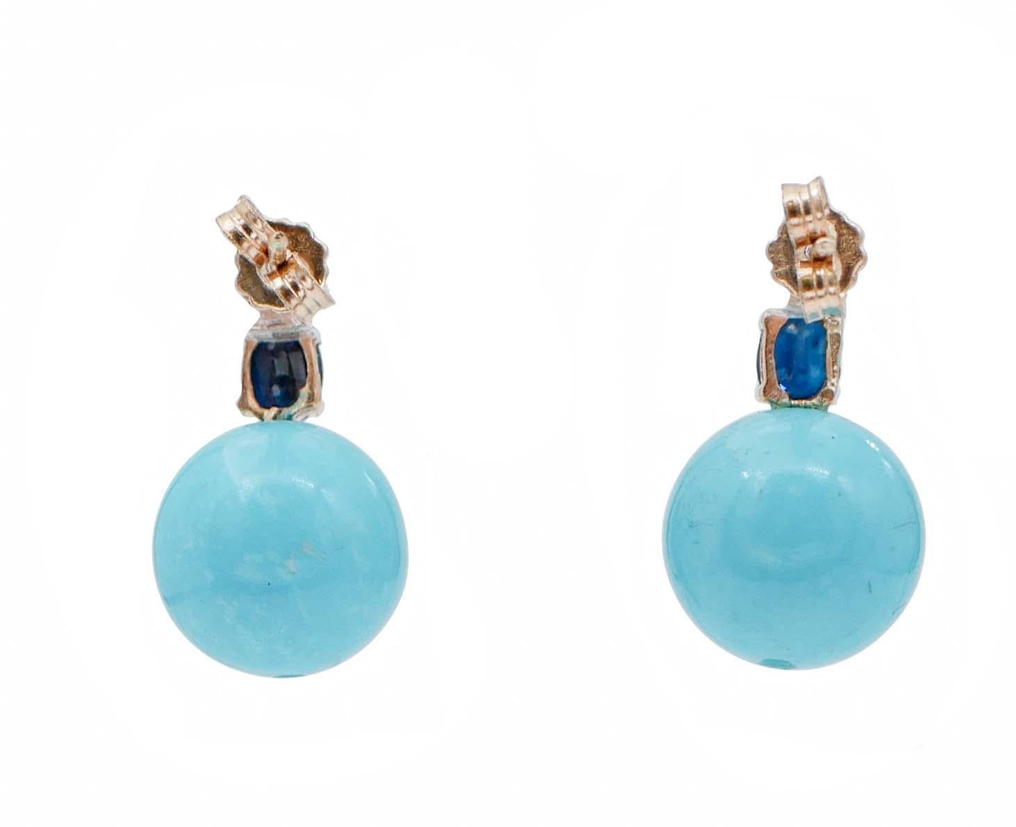 Retro Magnesite, Sapphires, Diamonds, 14 Karat Rose Gold Earrings For Sale