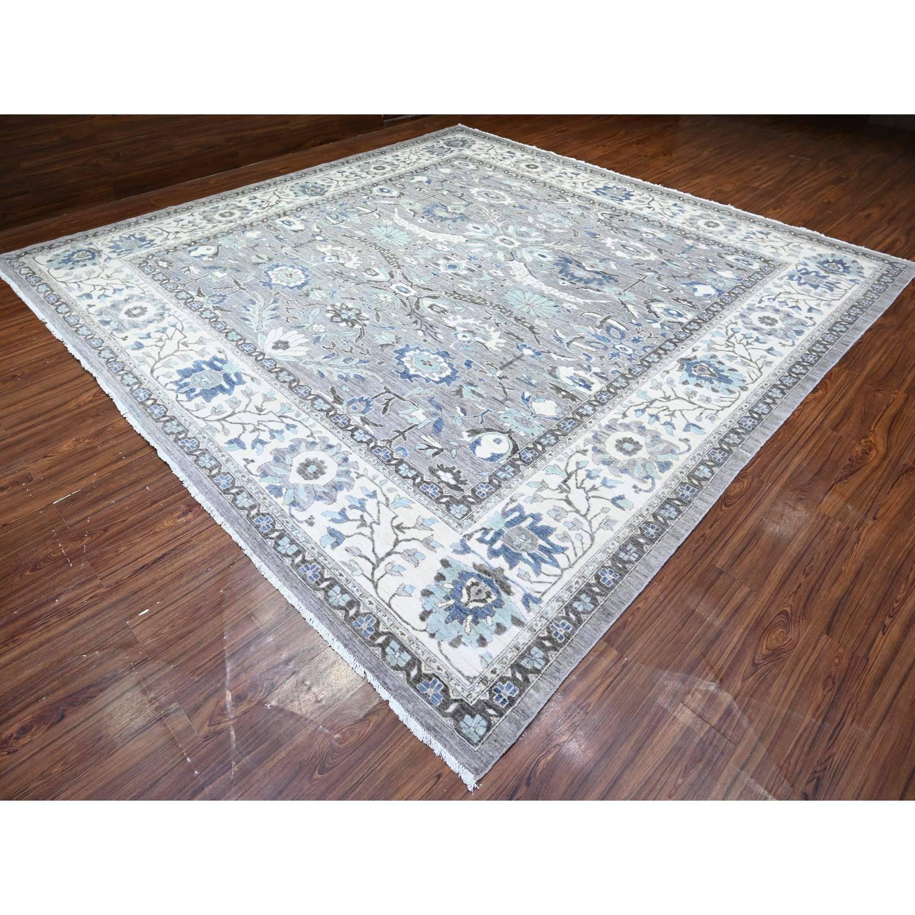 Alfombra Cuadrada de Lana Anudada a Mano Peshawar Heriz Gris Magnética 12'1