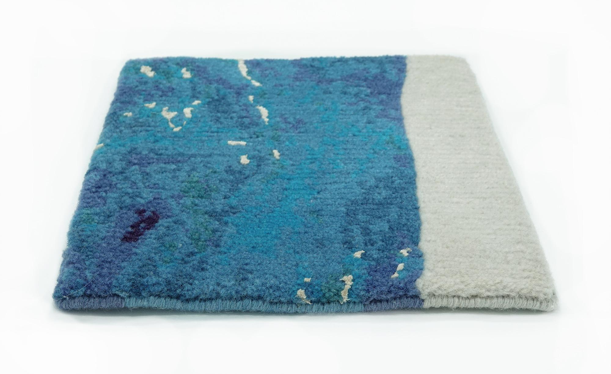 Wool Rug Blue Bright Irregular shape unusual Hand-Knotted - Magnetic Soil small For Sale