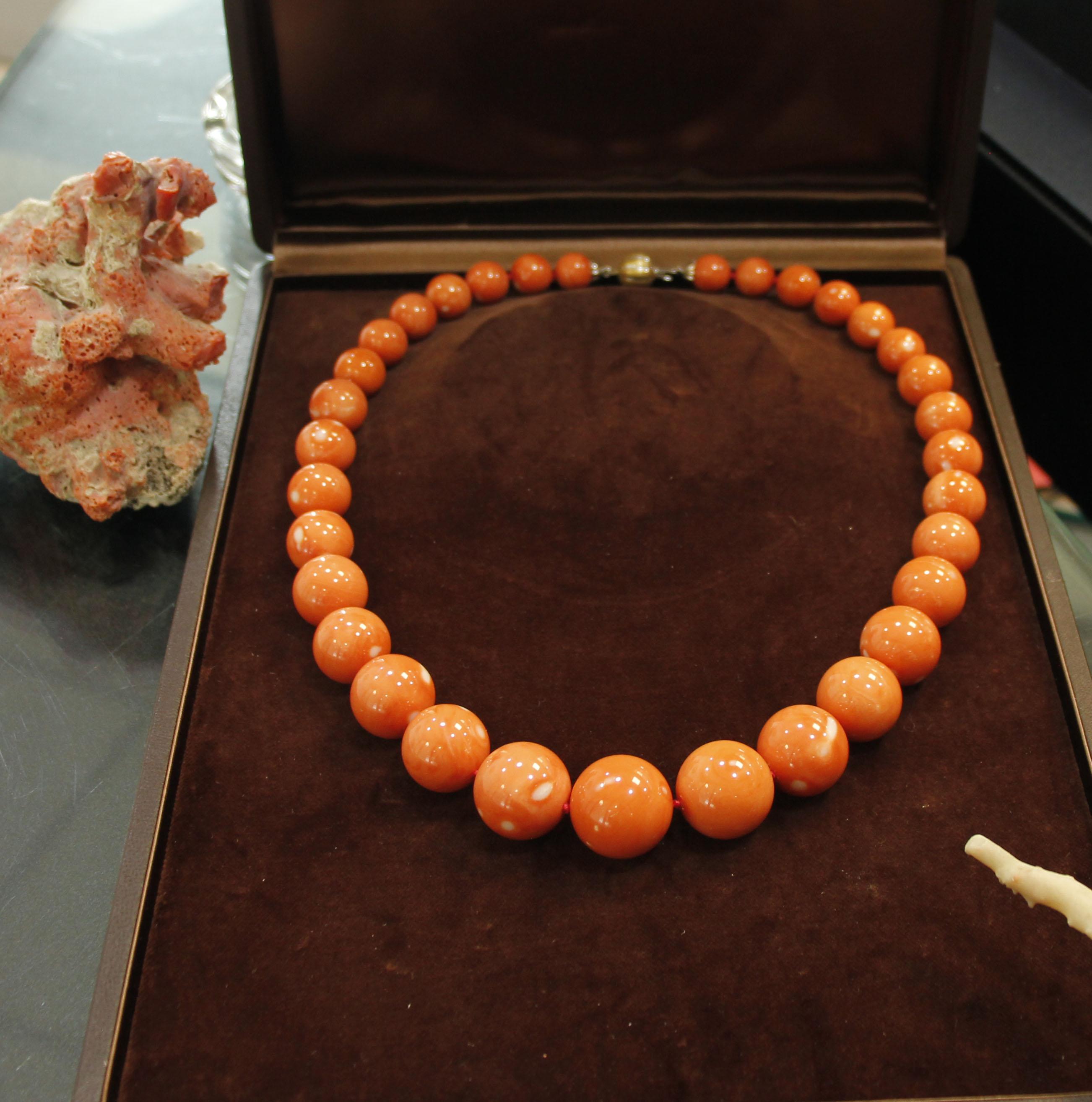 248.50 g of Red Spheres Coral, 18 Karat Yellow Gold Clasp, Beaded Necklace 2