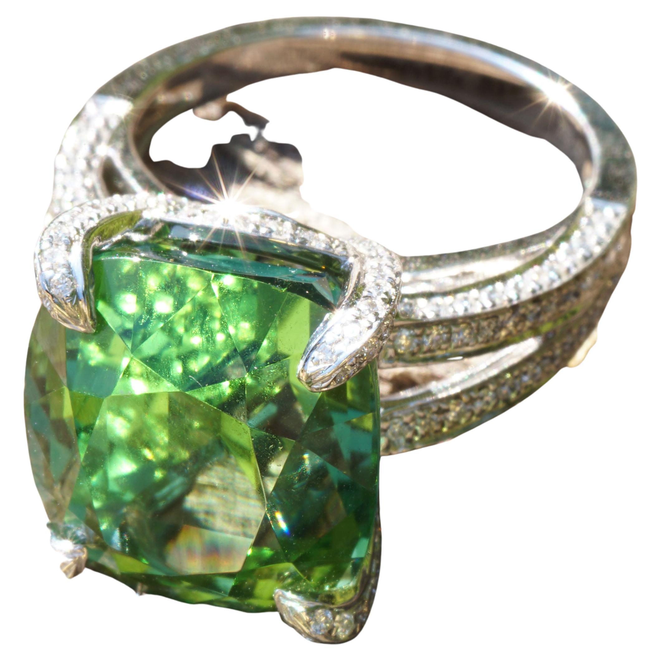 Modern Magnific 14.64ct Green Mint Tourmaline Ring Loupe Clean with Diamonds Investment