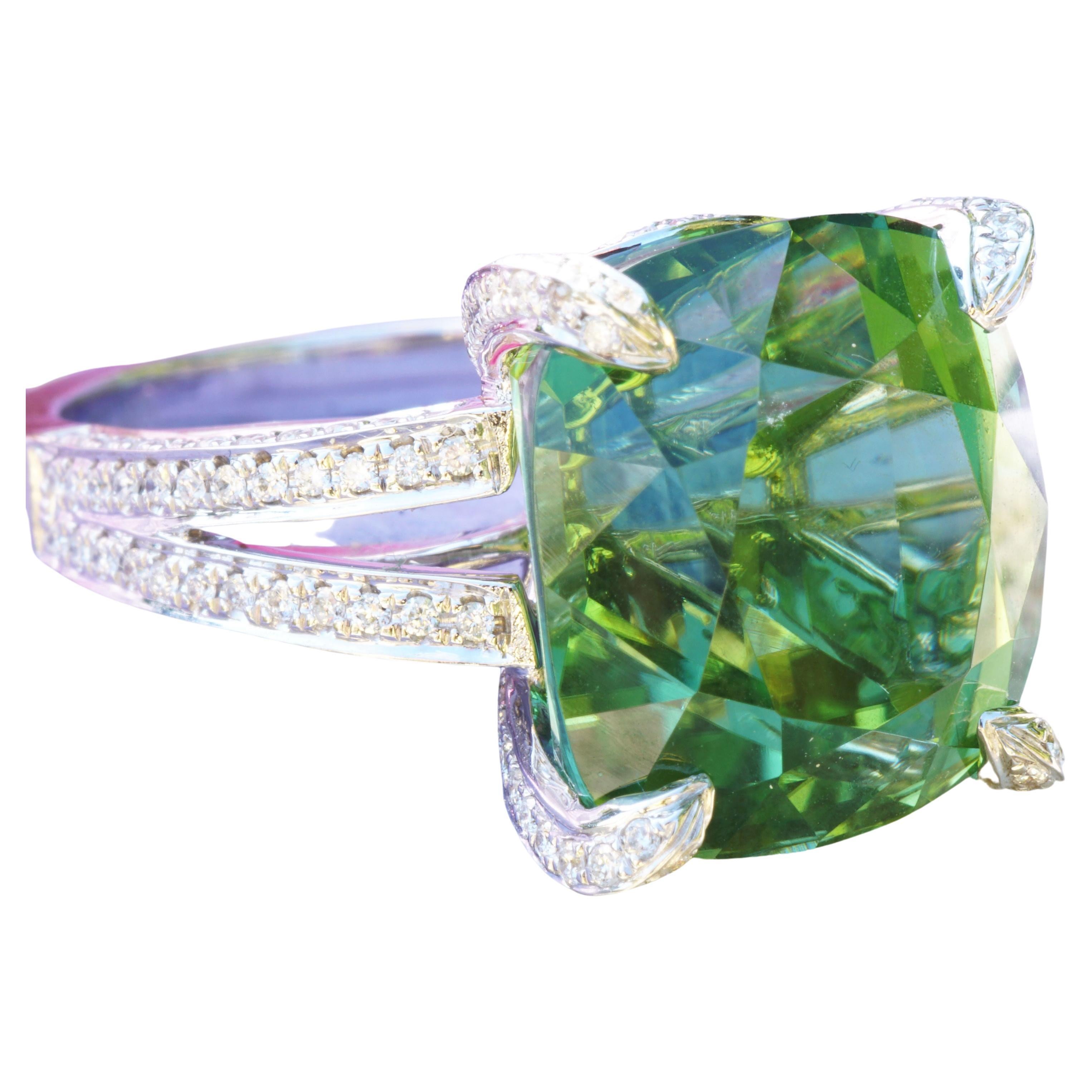 Antique Cushion Cut Magnific 14.64ct Green Mint Tourmaline Ring Loupe Clean with Diamonds Investment