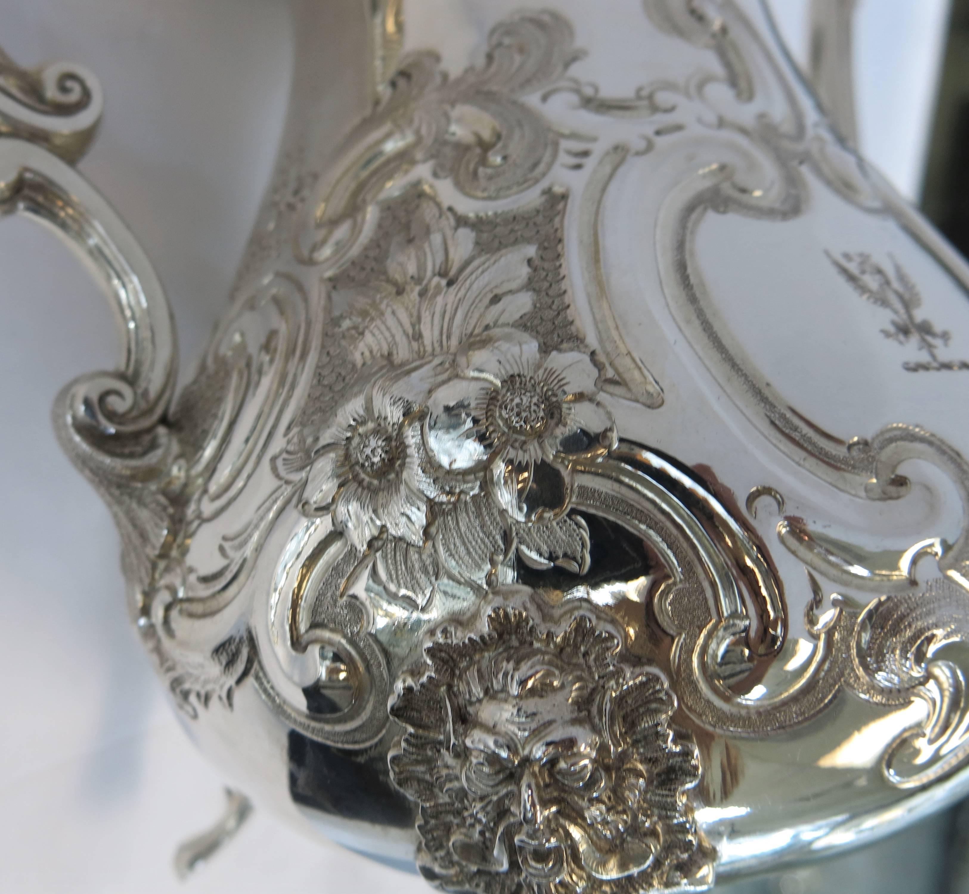 English Magnificent, Antique Victorian, Sterling Silver Hand Chased Tea & Coffee Set For Sale