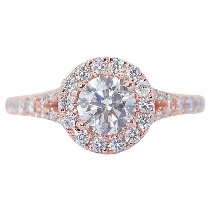 Magnificent 0.70ct Round Brilliant Halo Pave Diamond Ring in 18K Rose Gold For Sale