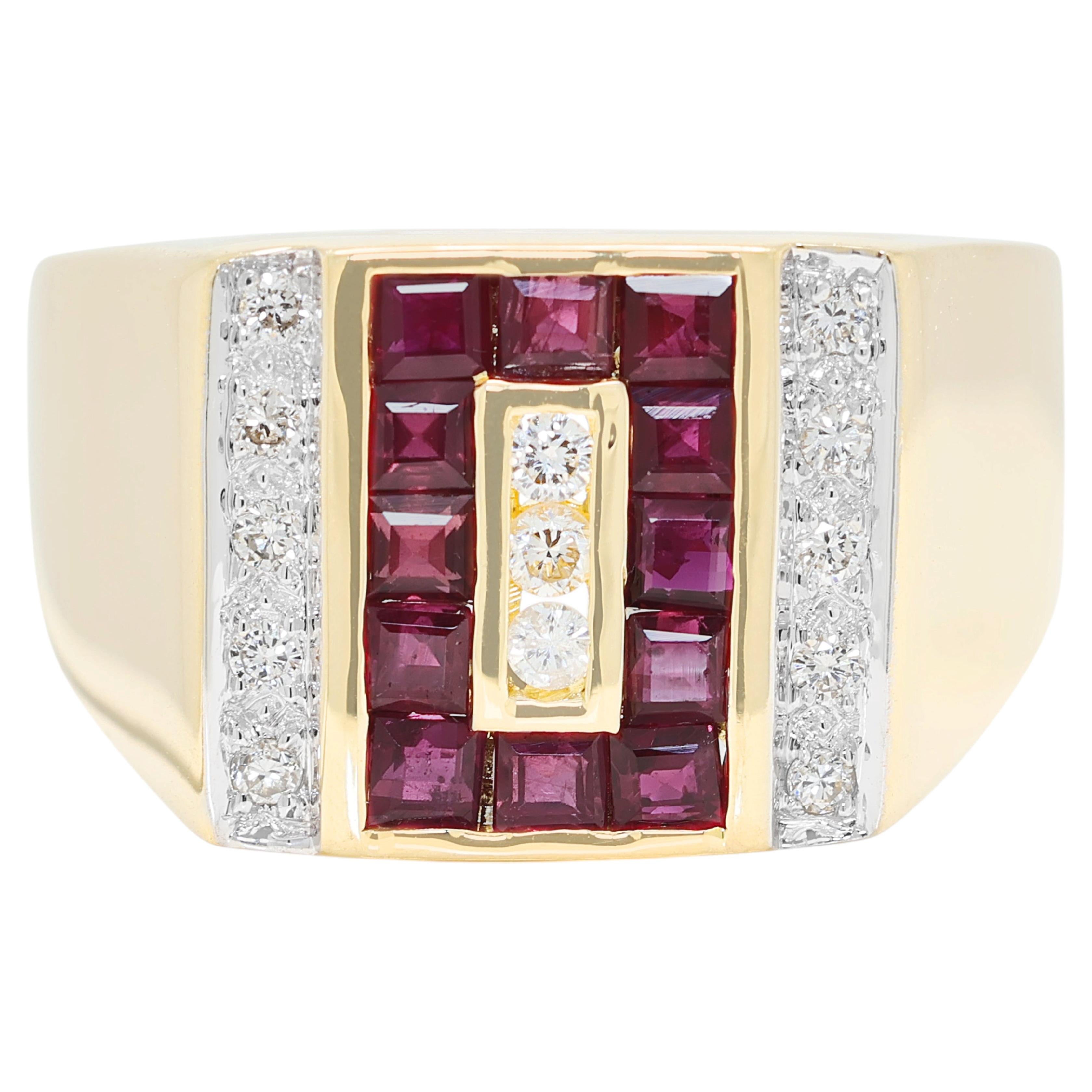 Magnificent 0.83ct Natural Diamond and Red Ruby Signet Ring in 18K Yellow Gold