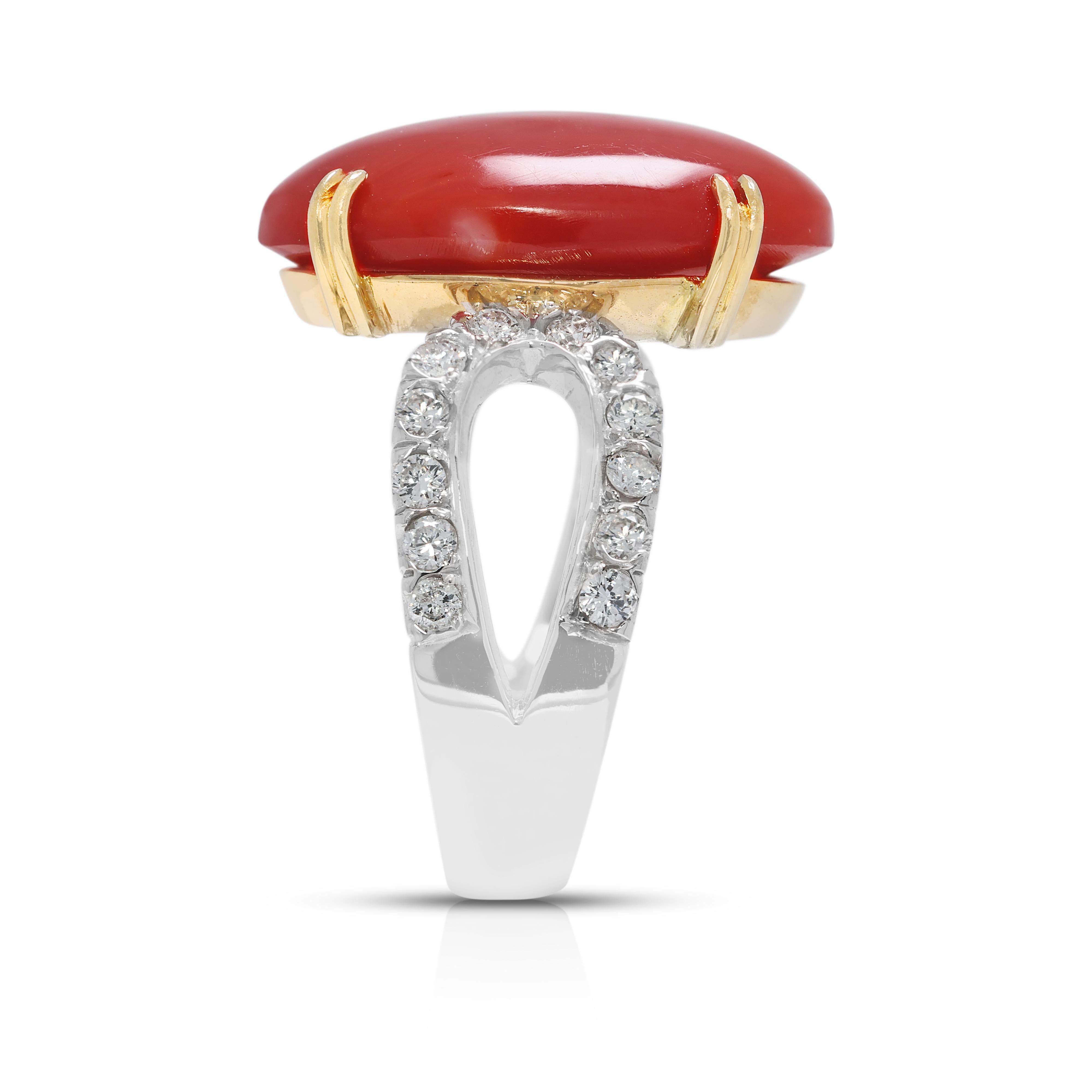 Wunderschöner ovaler Ring mit 0,84ct Naturdiamant und Koralle aus zweifarbigem 18K Gold Damen im Angebot
