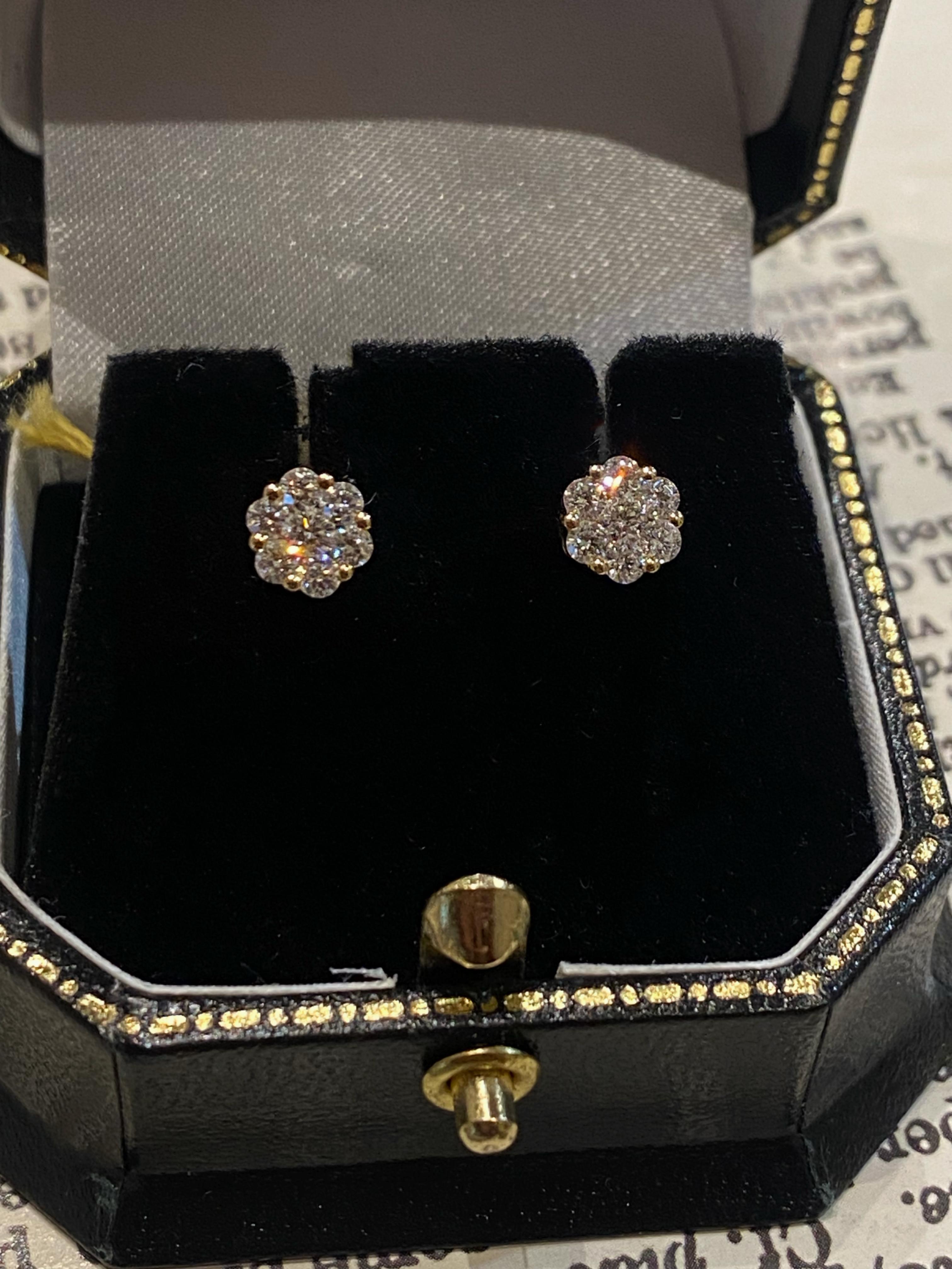Each exquisitely designed as a daisy, 
measuring 6.5mm across, 
centering a Striking Round Brilliant Cut Diamond
of superb sunlike brilliance, 

within a surround of 6 Top Quality Round Brilliant Cut Diamonds, 
scintillating with fire & life