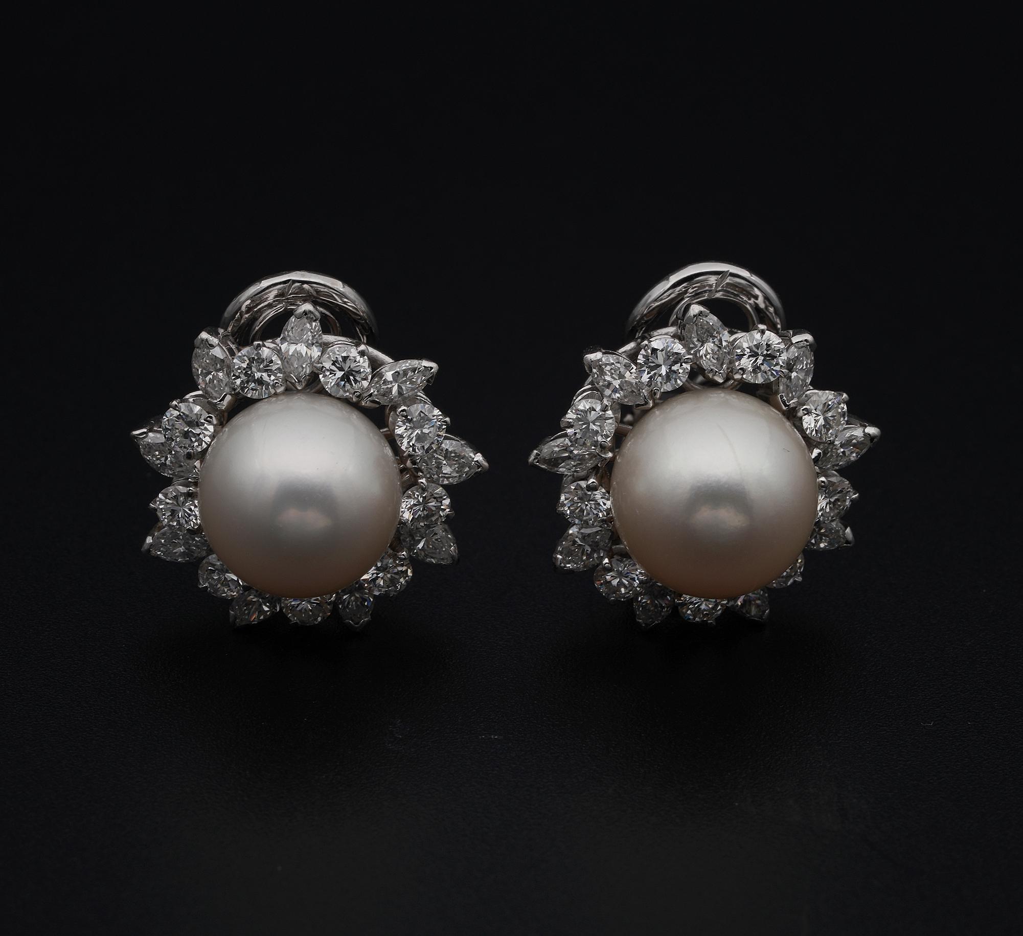 Sea Queen in Sparkle!

Classy must of sensational quality are these mid-century Pearl & Diamond earrings – Italian origin – 1960 ca
Pearls were always a favourite accessory of 20th century style icon Grace Kelly, both during her screen star days and