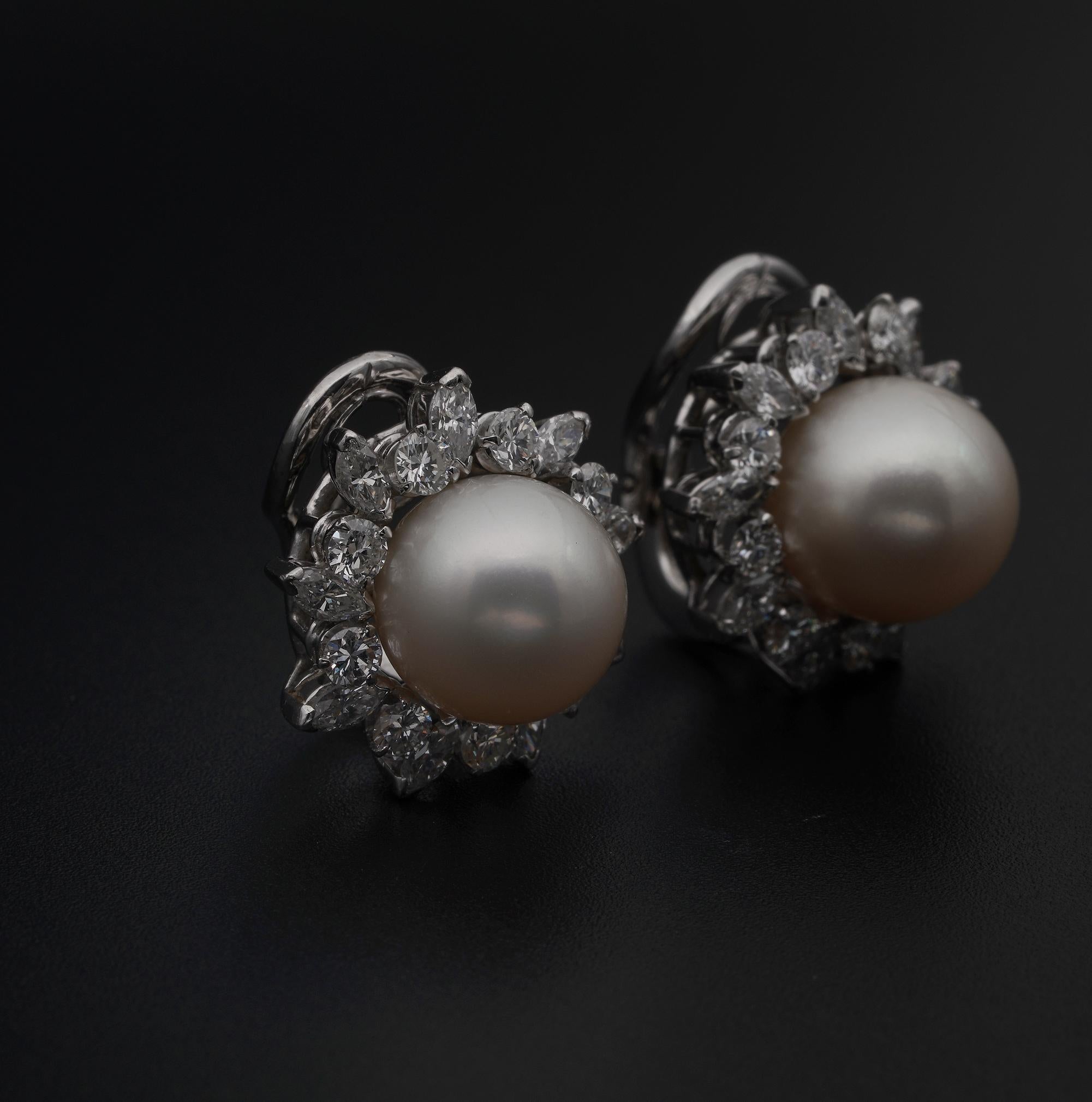 Contemporary Magnificent South Sea Pearl 3.20 Carat Diamond Vintage Earrings For Sale