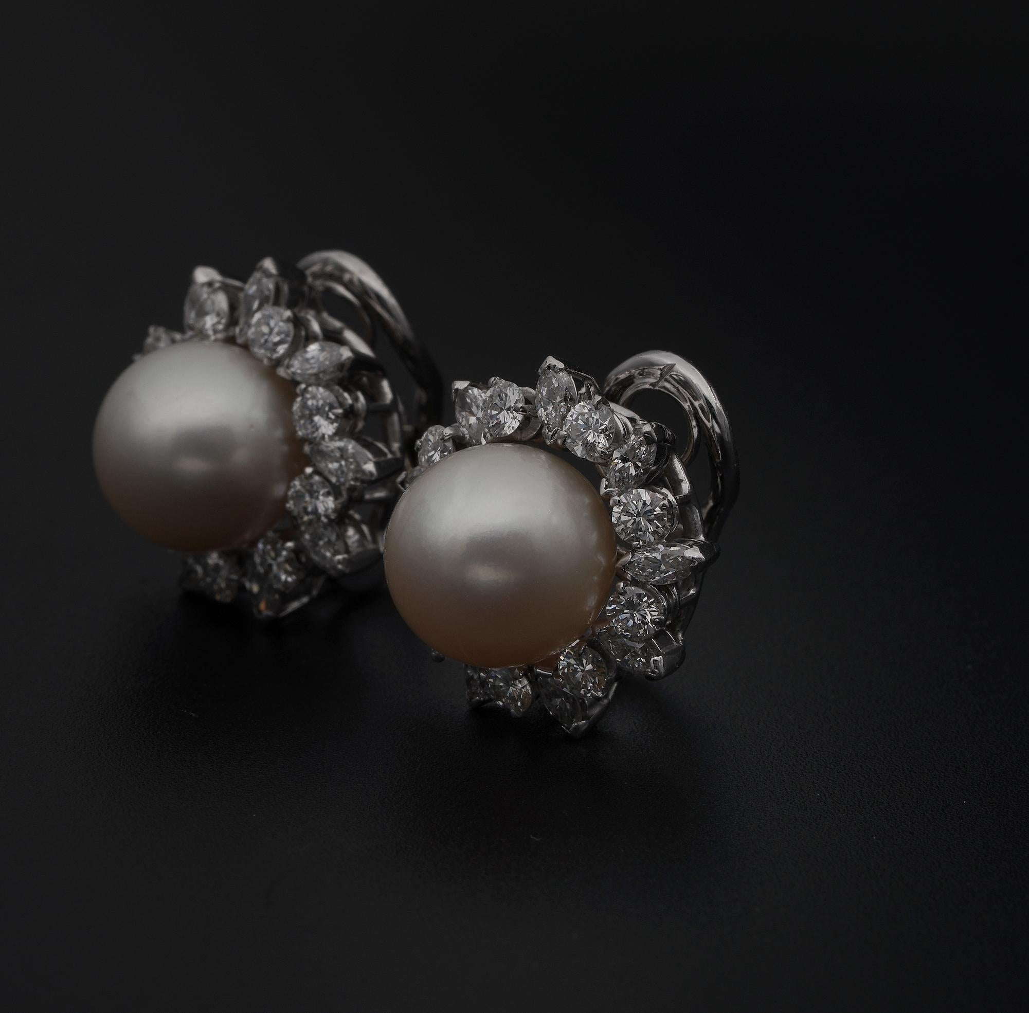 Brilliant Cut Magnificent South Sea Pearl 3.20 Carat Diamond Vintage Earrings For Sale
